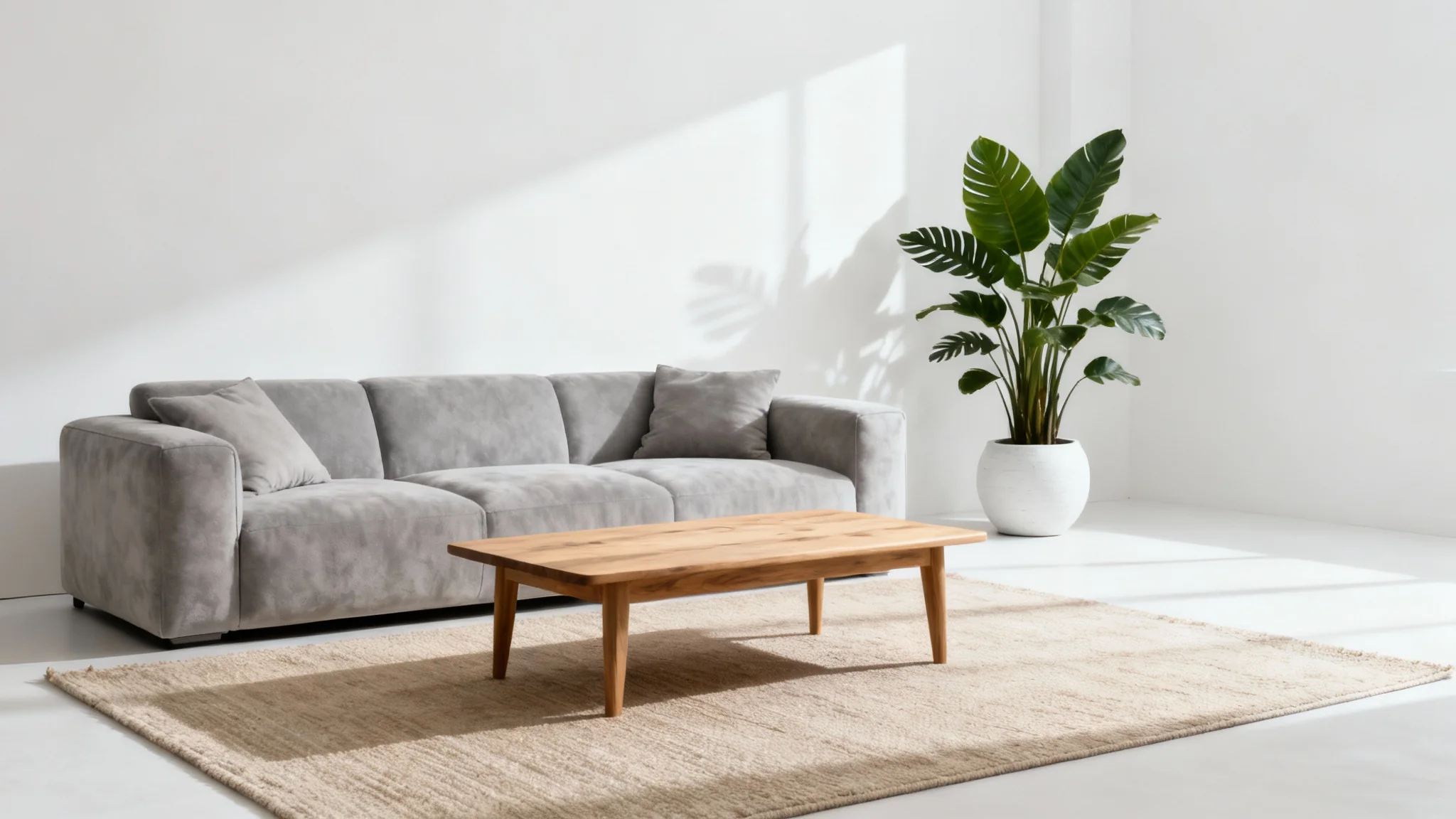 A beautifully designed modern living room concept featuring a gray sofa, wooden coffee table, and a large plant, staged against a clean white background.