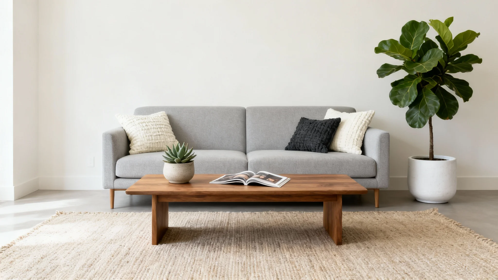 A photorealistic mockup of a modern and serene living room design, featuring a gray sofa, an oak coffee table, and a large plant, all bathed in natural light.