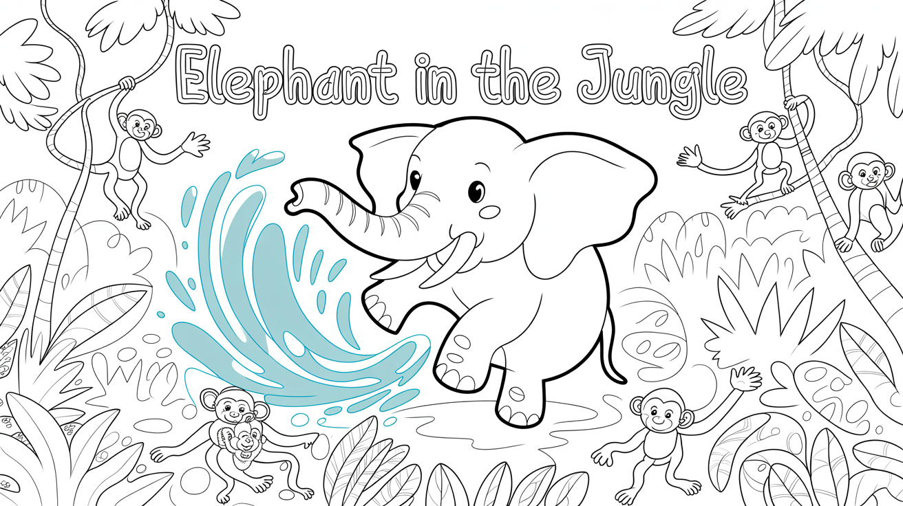 A finished coloring page showing a cheerfully colored scene of a grey elephant splashing water in a lush green jungle with monkeys, with the words 'elephant in the jungle' colored above.