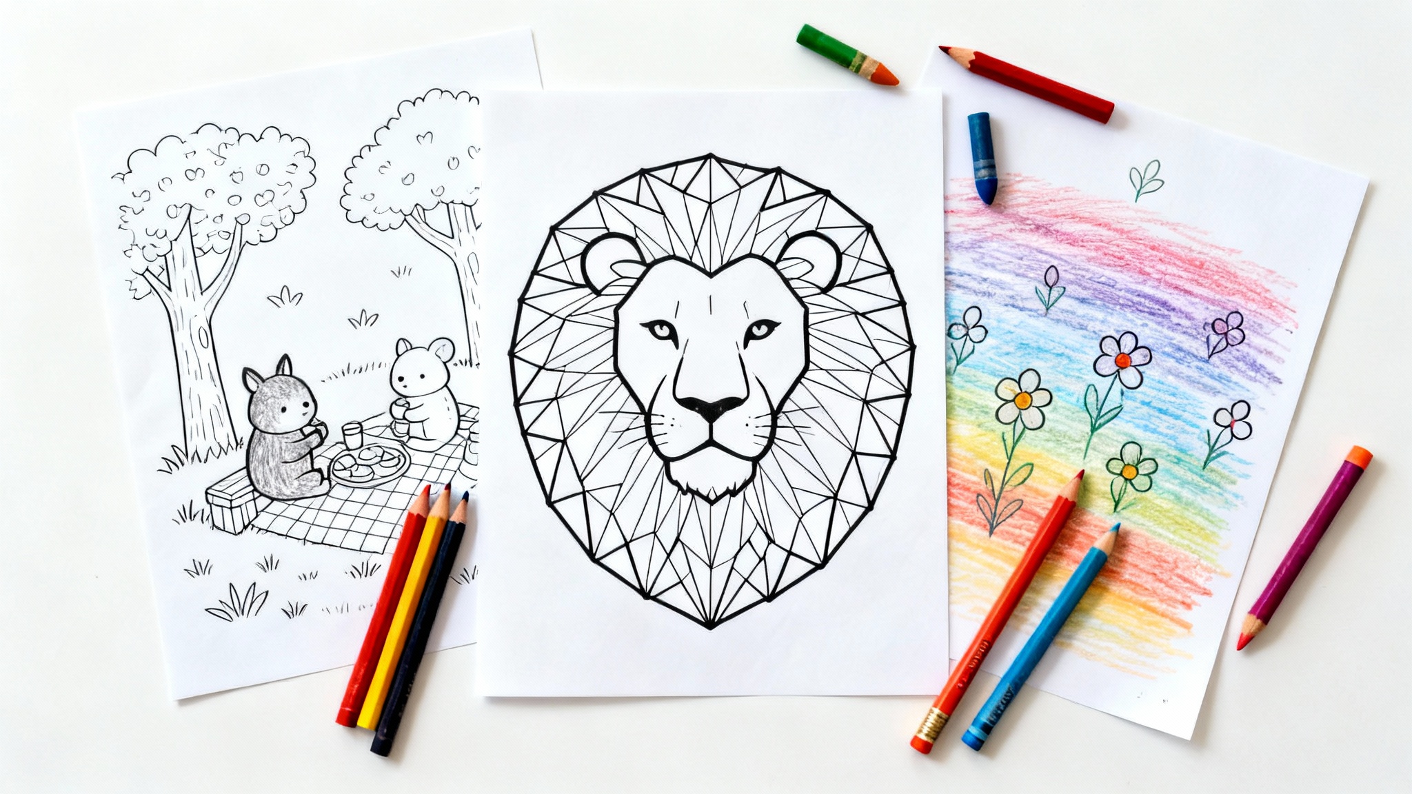 A mockup showcasing several black and white coloring pages, including a detailed lion and a woodland scene, arranged with colored pencils on a clean white background.
