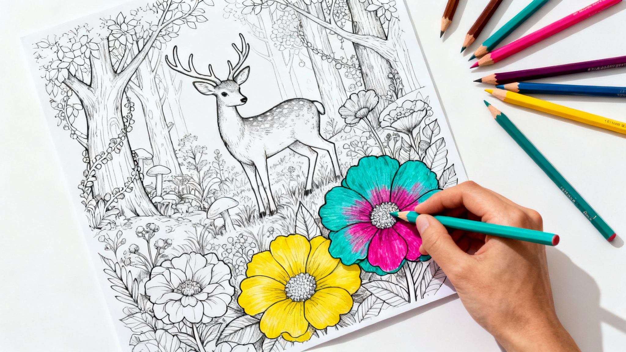 A top-down photo of a coloring page showing a deer in a forest. Part of the page is colored in vibrant colors, and a hand is holding a pencil, actively coloring a flower.