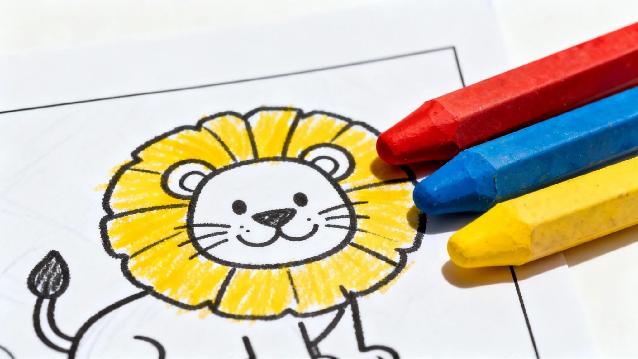 A top-down photo of a children's coloring page featuring a cartoon lion, partially colored in yellow, with red, blue, and yellow crayons lying next to it on a white background.
