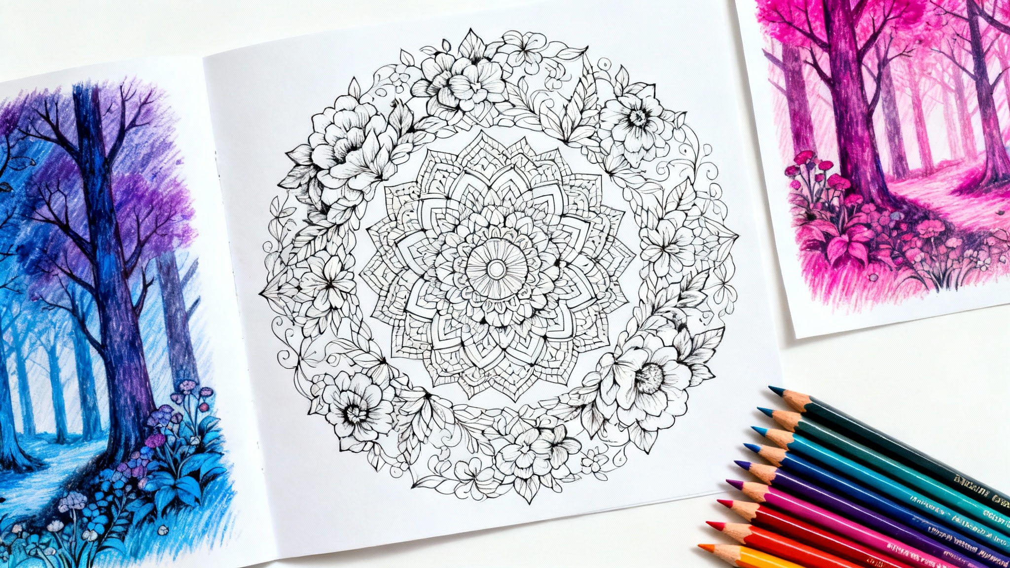 A flat lay mockup showing a detailed black-and-white coloring page of a mandala next to a partially colored version and a fan of colored pencils, all on a clean white background.