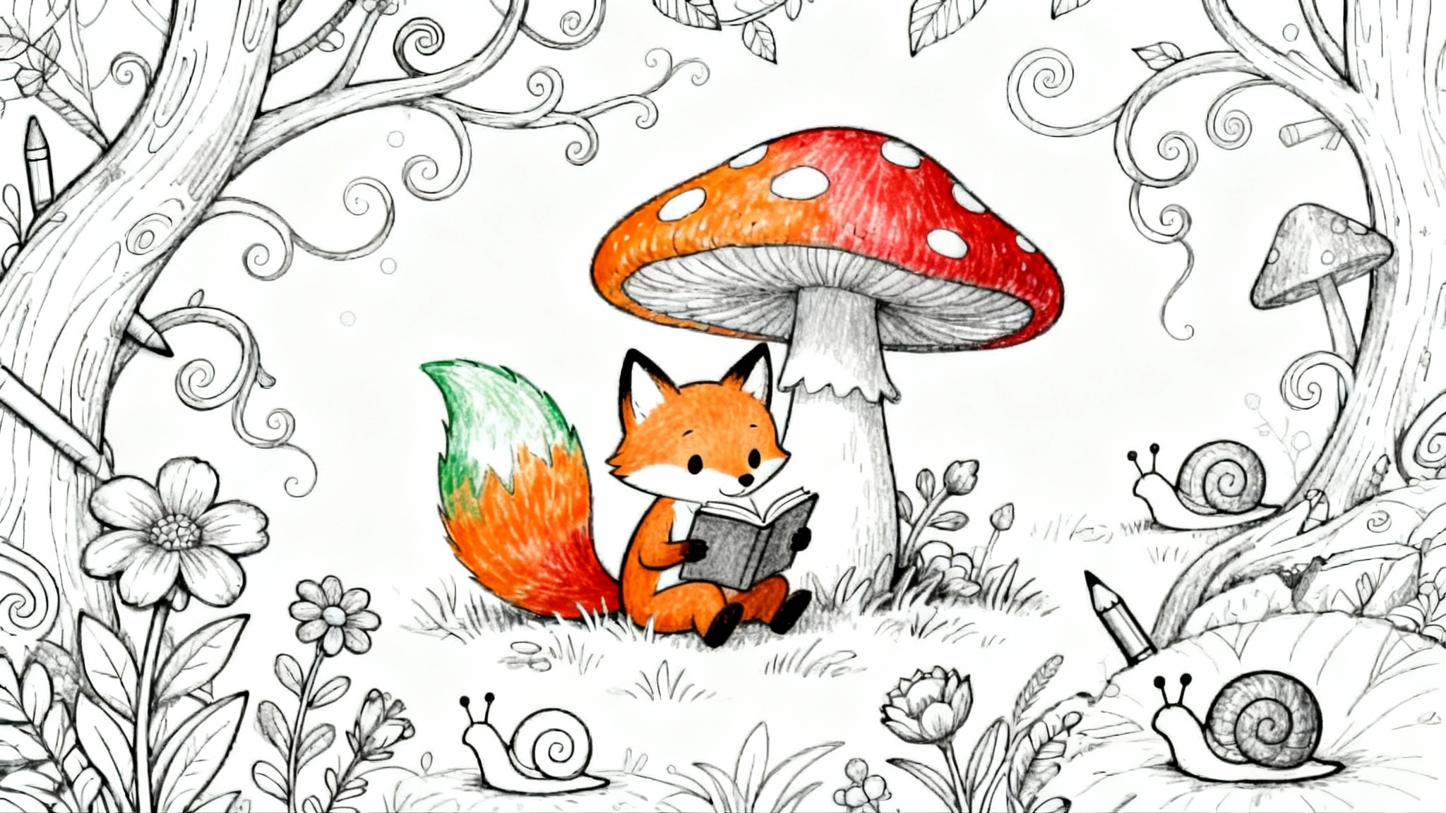A partially colored-in coloring page showing a whimsical forest scene. A cute fox reads a book under a mushroom, with its tail and the mushroom colored in vibrant orange and red, while the rest of the intricate line art remains black and white.