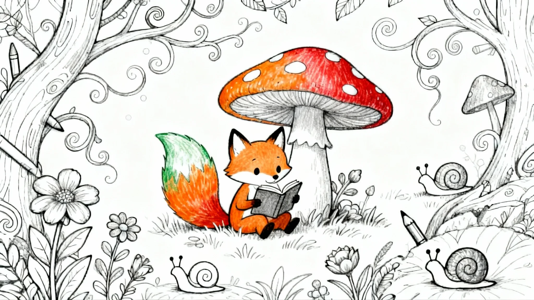 A partially colored-in coloring page showing a whimsical forest scene. A cute fox reads a book under a mushroom, with its tail and the mushroom colored in vibrant orange and red, while the rest of the intricate line art remains black and white.