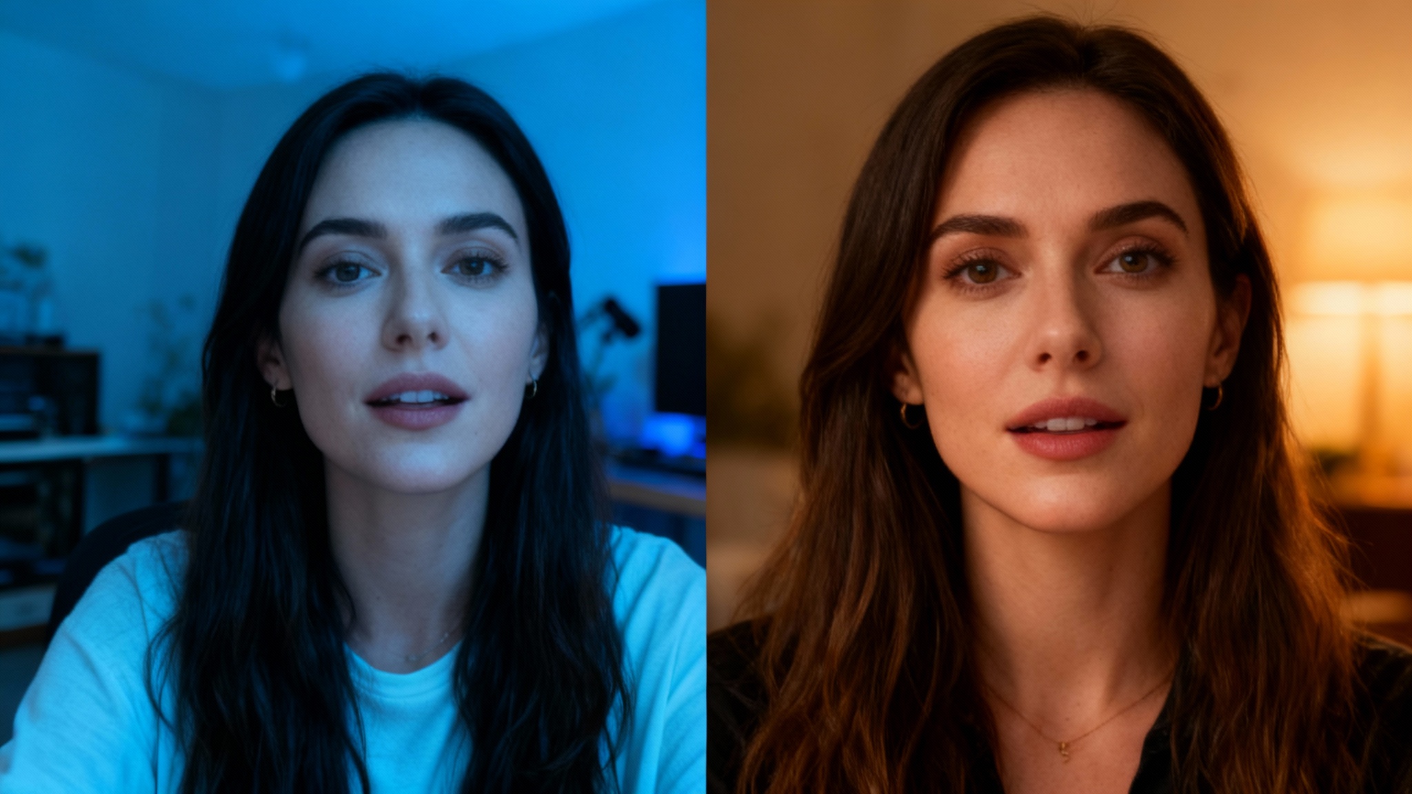 A split-screen comparison showing the effect of webcam color correction. The 'before' image on the left is blue-tinted and washed out, while the 'after' image on the right is warm, vibrant, and professional.
