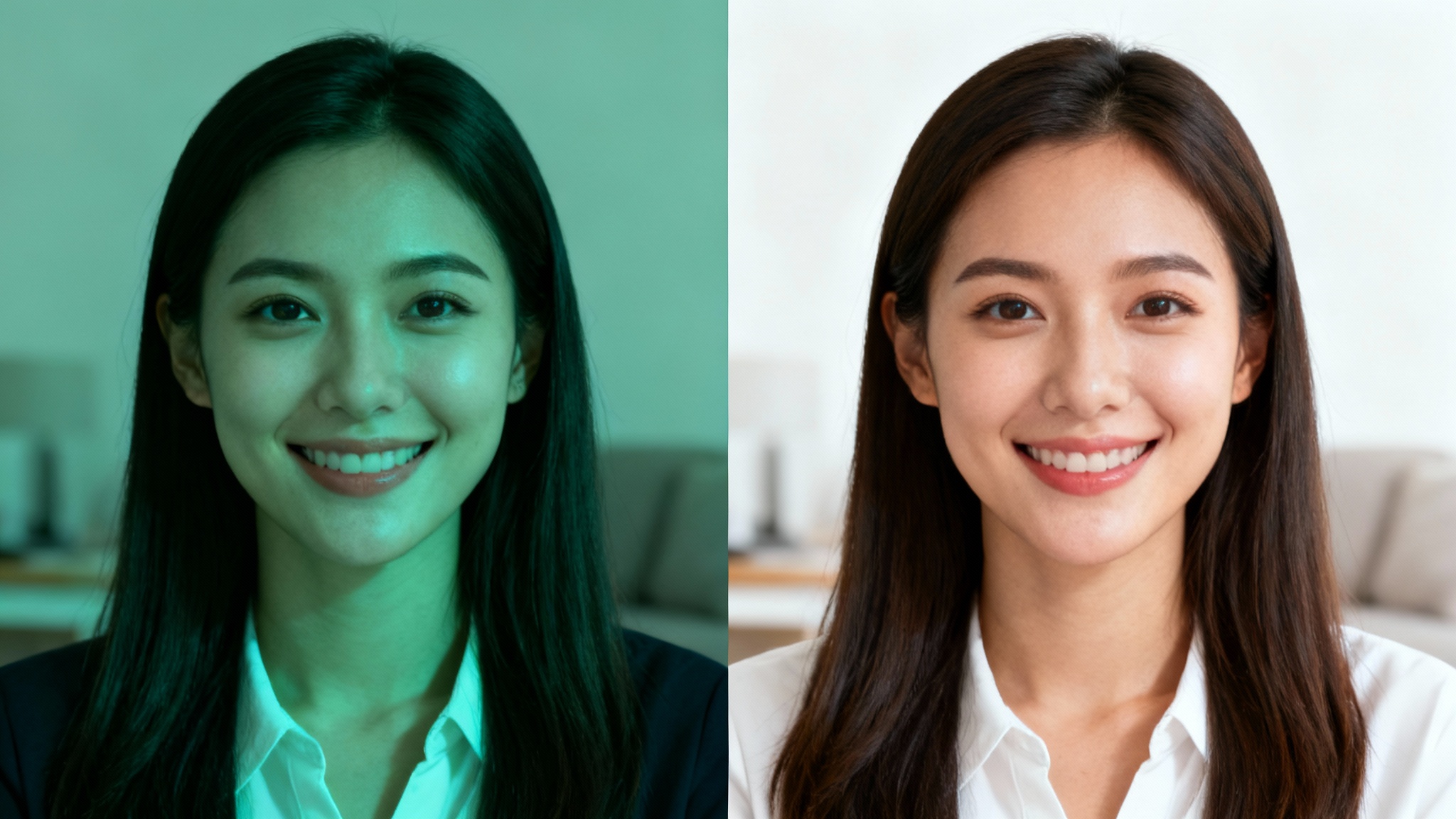 A split-screen image demonstrating webcam color correction. The left side shows a person's face with poor, blueish color quality, while the right side shows the same face looking professional with natural, balanced, and vibrant colors.