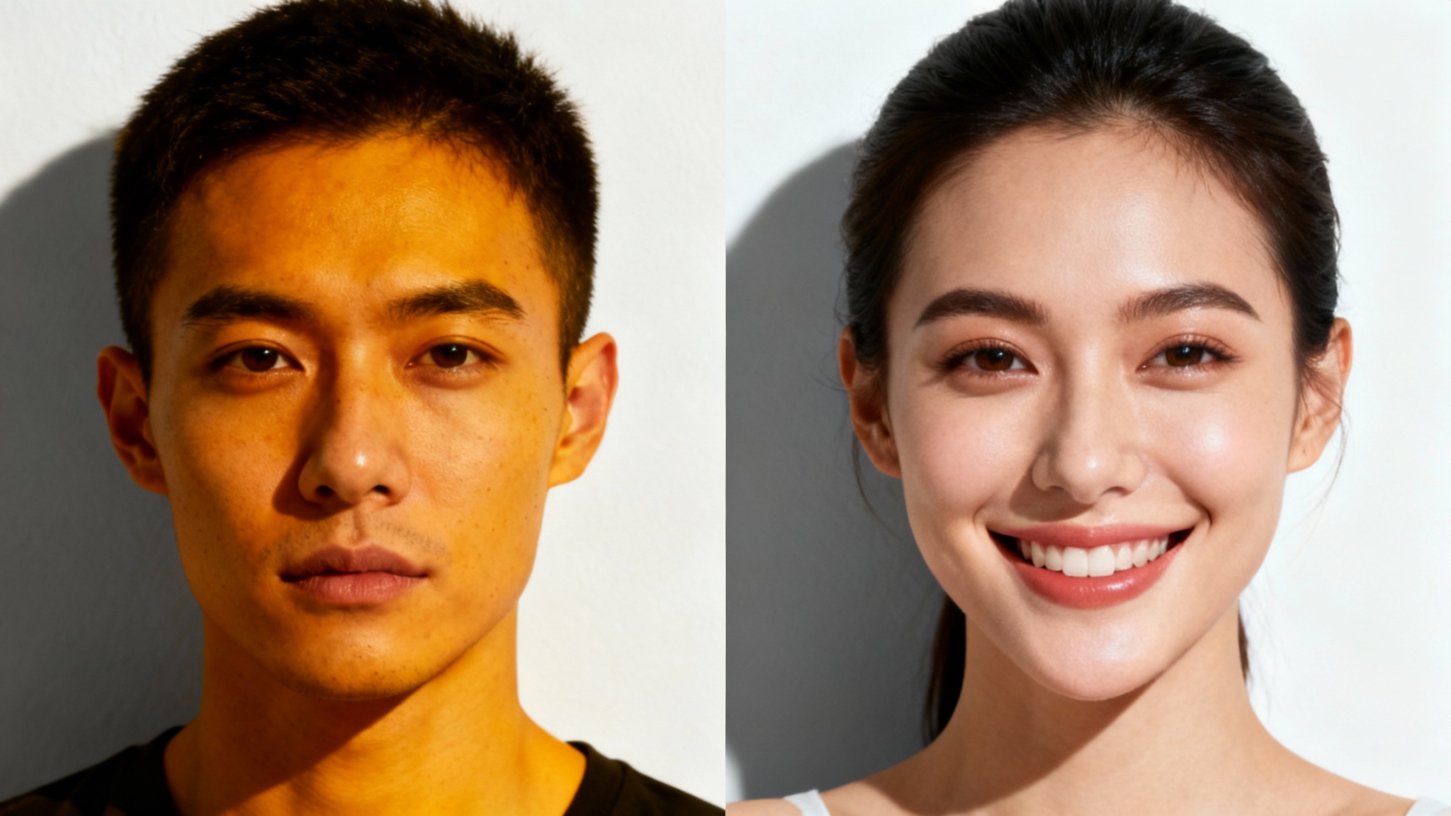 A split-screen comparison of a person's face on a webcam feed. The 'before' side shows the face with a bad, yellowish color cast, while the 'after' side is perfectly color-corrected with natural skin tones and professional lighting.