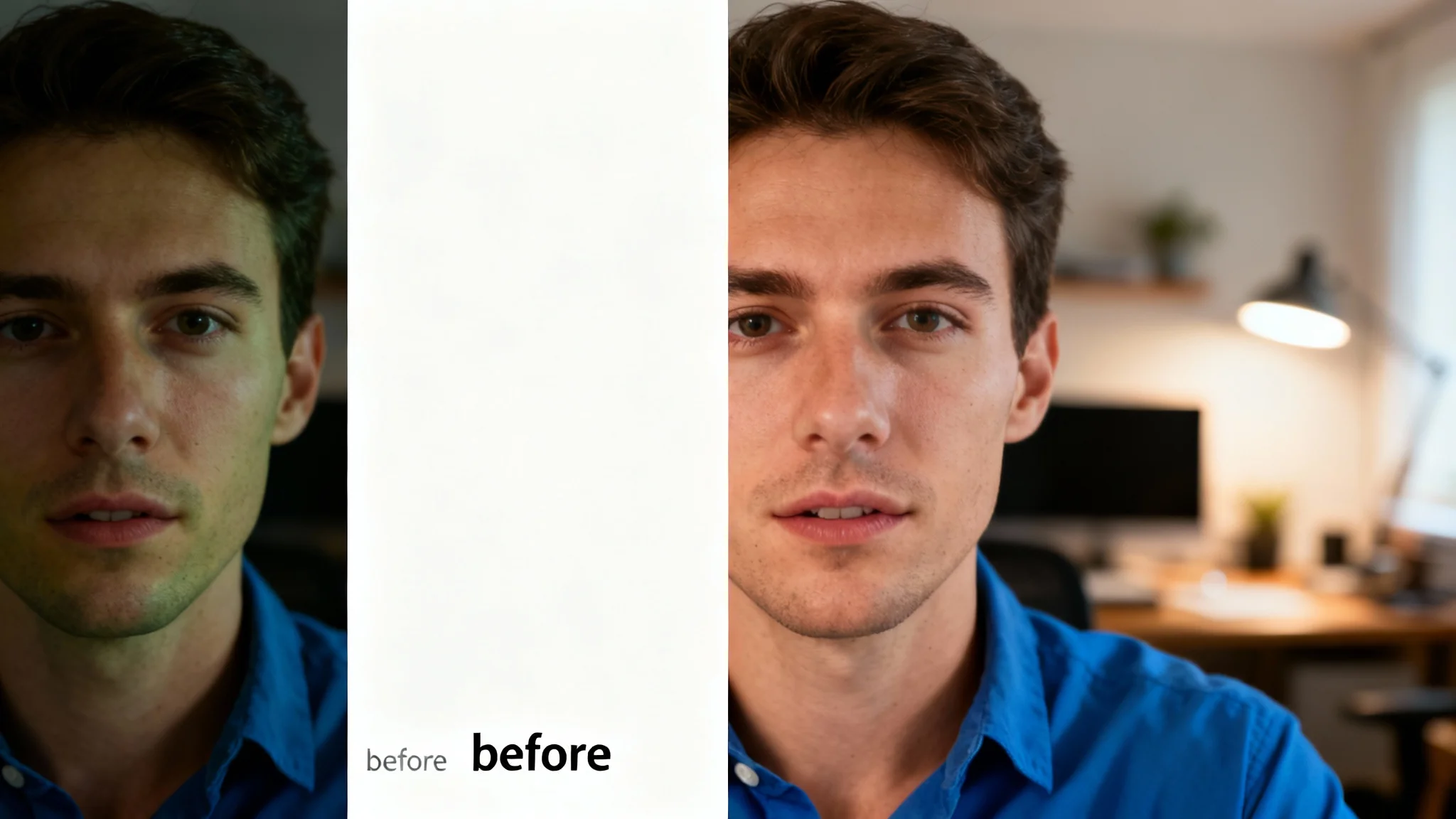 A split-screen image demonstrating webcam color correction. The left side shows a woman with poor, yellowish color, while the right side shows her with clear, vibrant, and natural-looking skin tones and lighting.