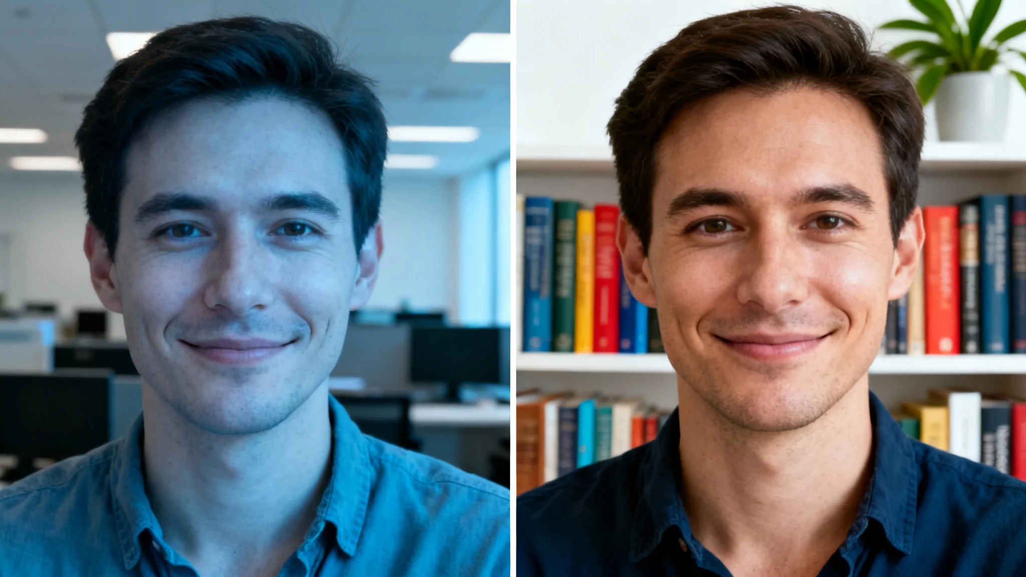 A split-screen image demonstrating webcam color correction. The left side shows a man's face with a blue, unnatural color tint, while the right side shows the same face with balanced, vibrant, and natural-looking colors.