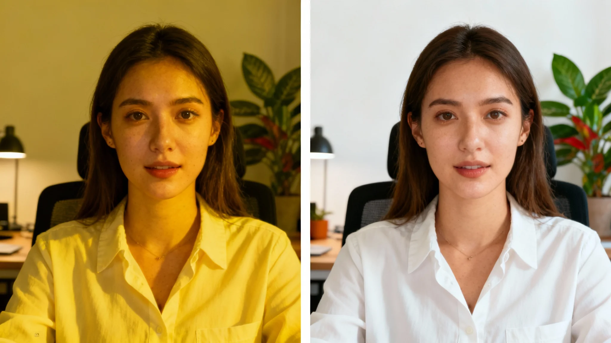 A split-screen comparison of webcam quality. The 'before' side shows a woman with poor, yellow-tinted lighting. The 'after' side shows the same woman with balanced, vibrant colors and natural skin tones, demonstrating color correction.