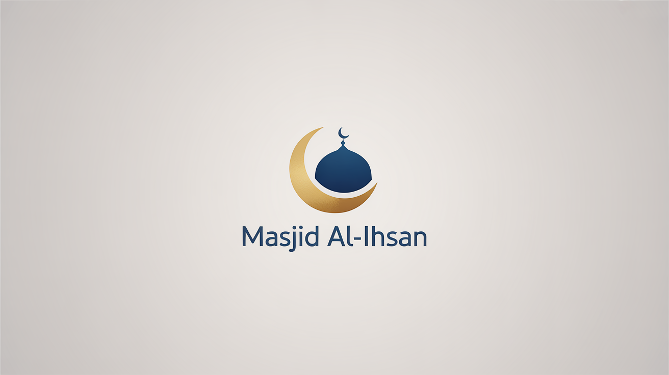 A modern and elegant logo for a mosque named 'Masjid Al-Ihsan', featuring a navy blue and gold icon of a dome and crescent moon, displayed on a light gray background.