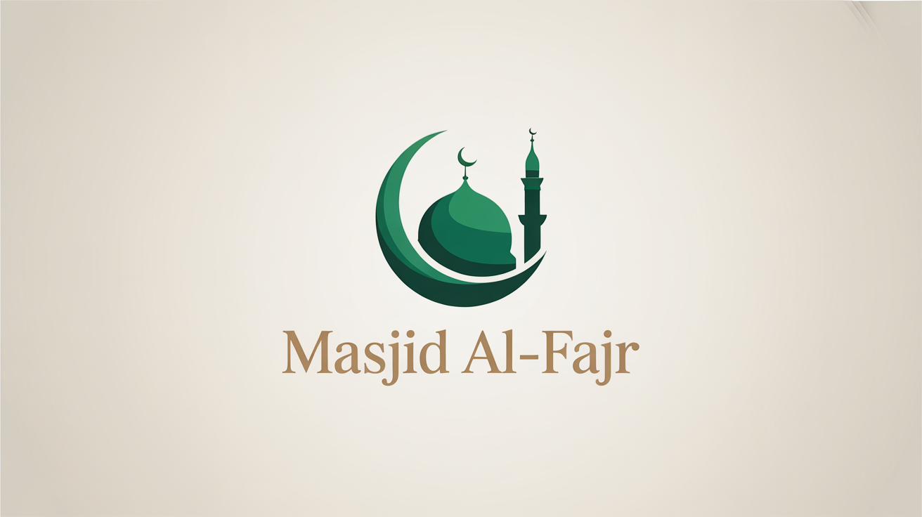 A modern logo for a mosque named 'Masjid Al-Fajr', featuring a stylized green crescent moon and dome with gold lettering on a white background.