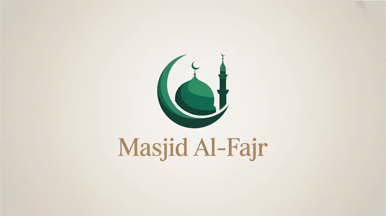 A modern logo for a mosque named 'Masjid Al-Fajr', featuring a stylized green crescent moon and dome with gold lettering on a white background.