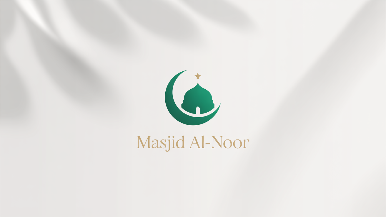 An elegant mosque logo featuring a green crescent moon and dome with a gold star, with the text 'Masjid Al-Noor' below it, on a white background.