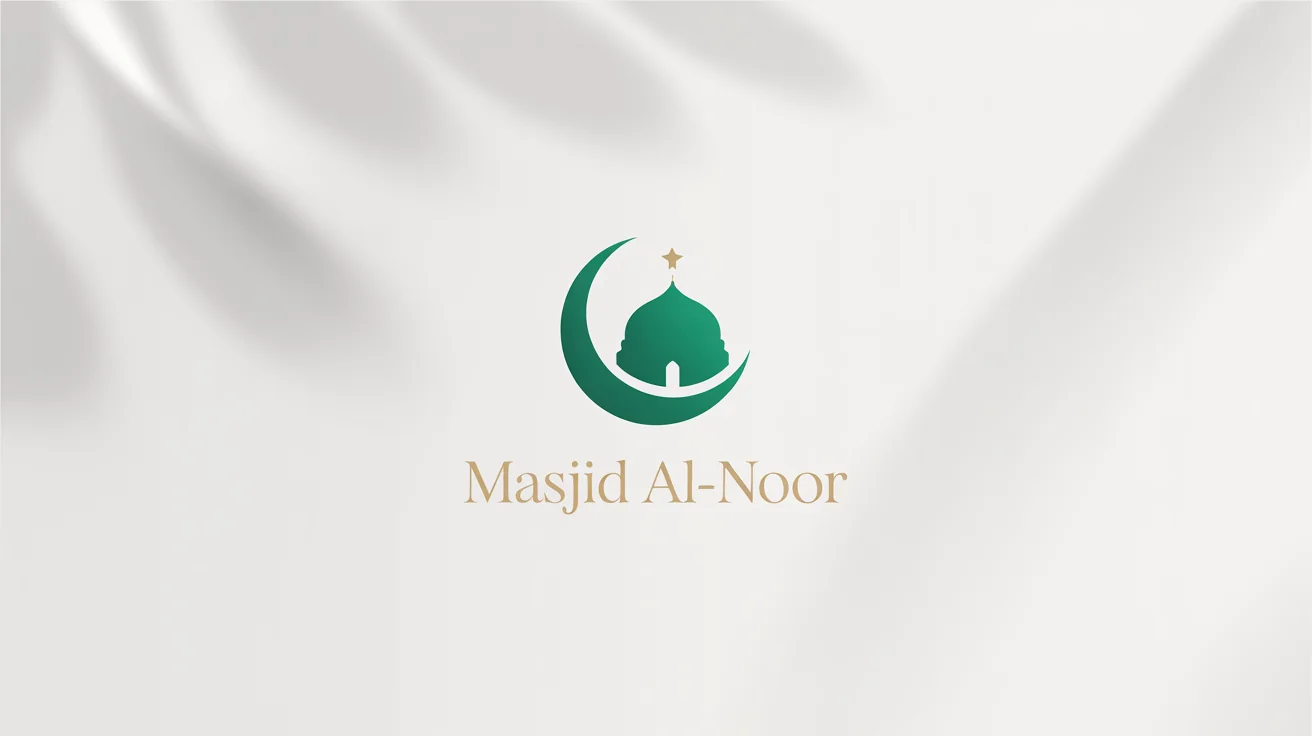 An elegant mosque logo featuring a green crescent moon and dome with a gold star, with the text 'Masjid Al-Noor' below it, on a white background.