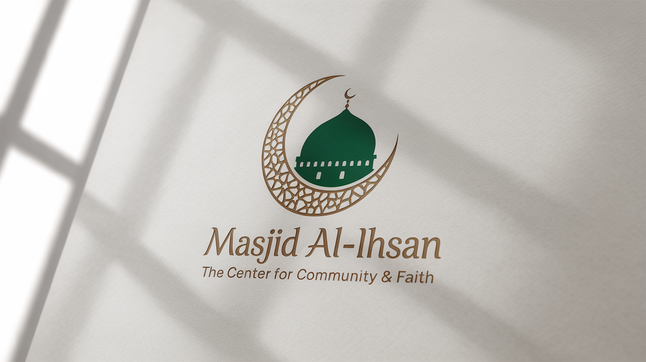 A modern and elegant logo for a mosque named 'Masjid Al-Ihsan', featuring a golden crescent moon and a green dome, presented as a high-quality mockup on a white background.