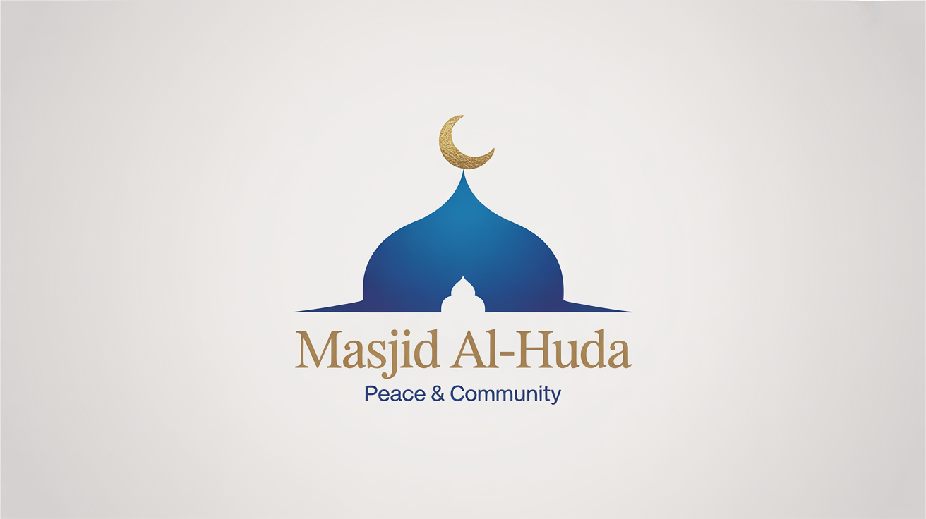 A modern and elegant logo for a mosque named 'Masjid Al-Huda', featuring a royal blue dome and a gold crescent moon, presented as a brand mockup on a white background.
