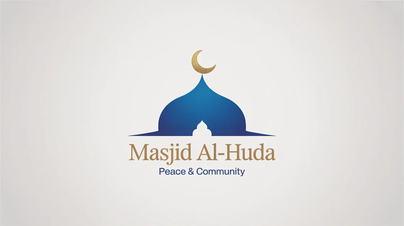 A modern and elegant logo for a mosque named 'Masjid Al-Huda', featuring a royal blue dome and a gold crescent moon, presented as a brand mockup on a white background.