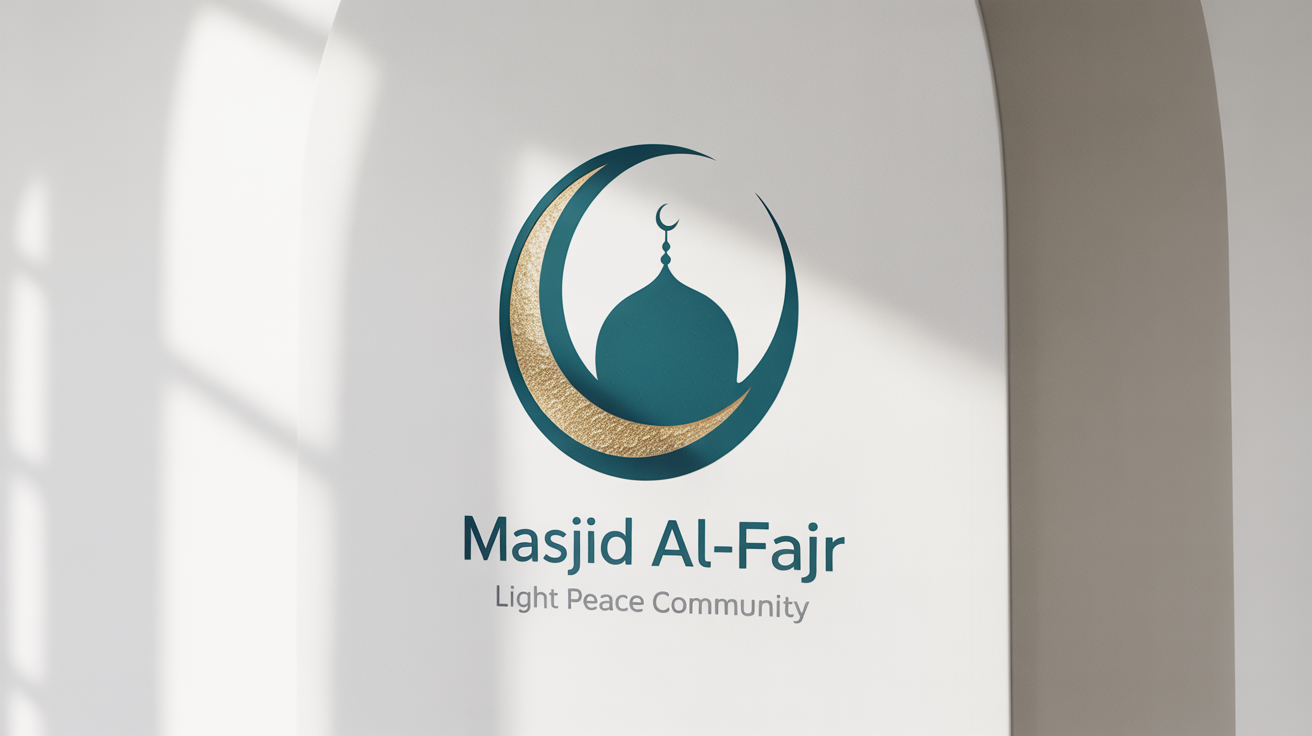 A modern and elegant mockup of a mosque logo named 'Masjid Al-Fajr'. The circular logo features a teal dome and minaret with a gold crescent moon above it, all on a clean white background.
