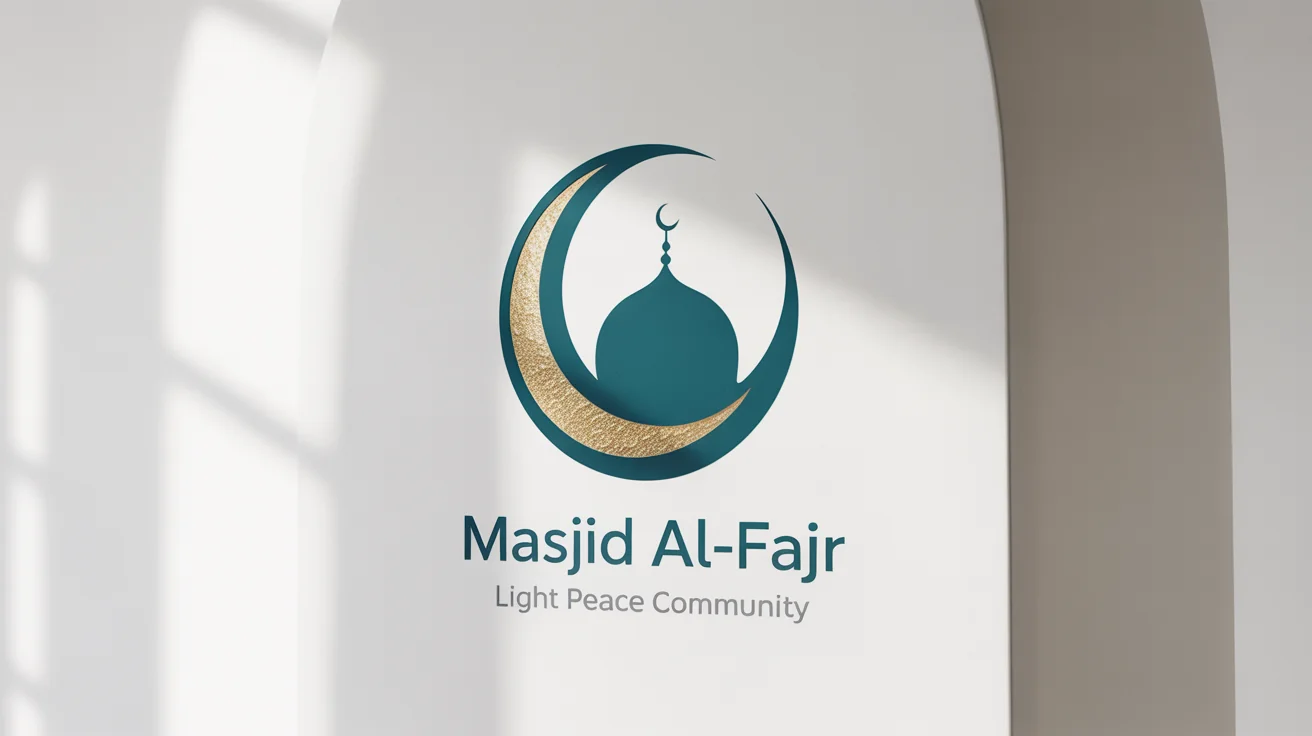 A modern and elegant mockup of a mosque logo named 'Masjid Al-Fajr'. The circular logo features a teal dome and minaret with a gold crescent moon above it, all on a clean white background.