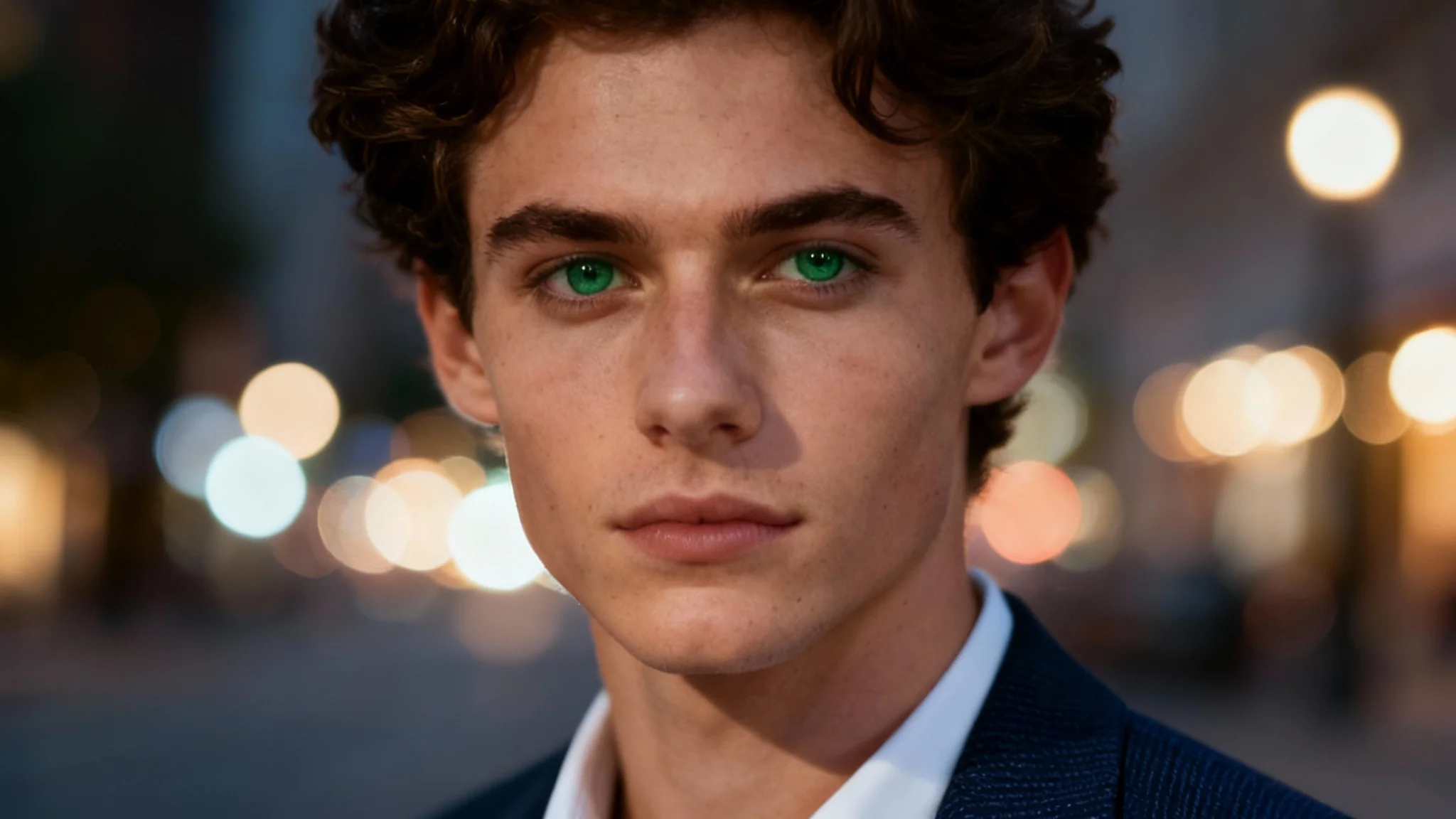 An ultra-high resolution result of a super-resolution tool, showing a crystal-clear portrait of a young man in a blazer against an urban background, with every facial detail in razor-sharp focus.