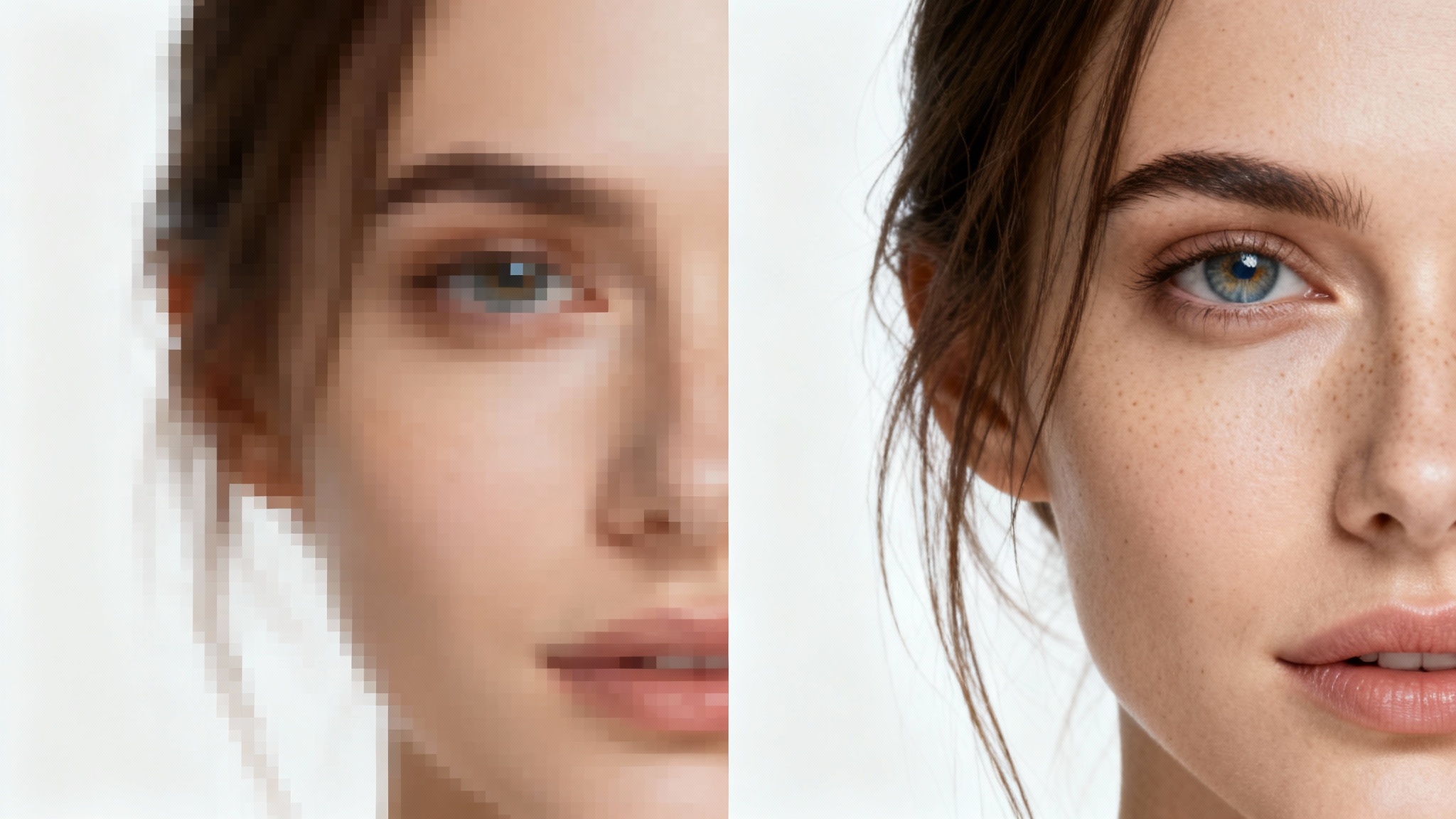 A split-image portrait demonstrating super resolution. The left side is blurry and pixelated, while the right side is the same image in crystal-clear high definition, showing immense detail in skin texture and hair.