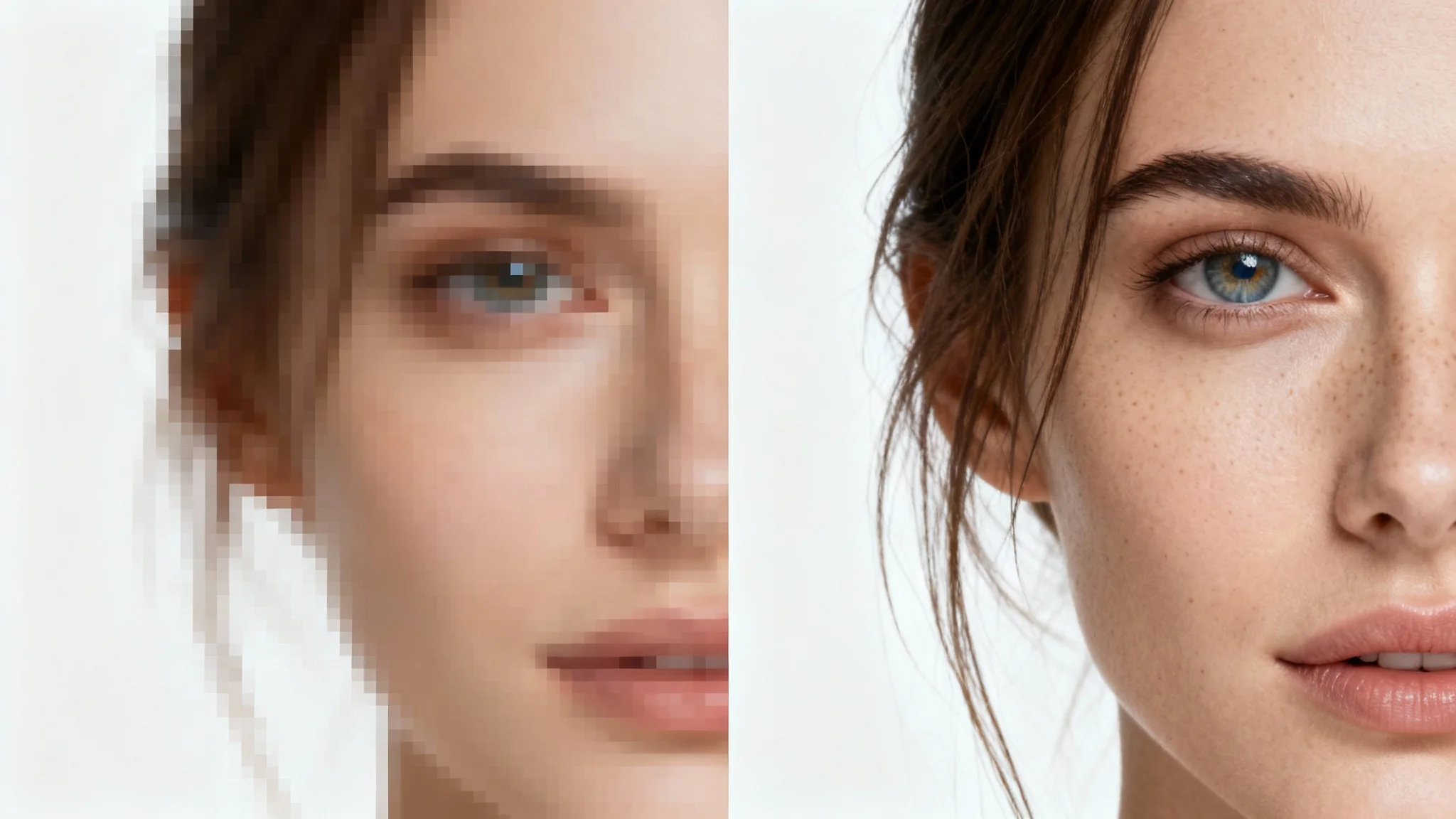 A split-image portrait demonstrating super resolution. The left side is blurry and pixelated, while the right side is the same image in crystal-clear high definition, showing immense detail in skin texture and hair.