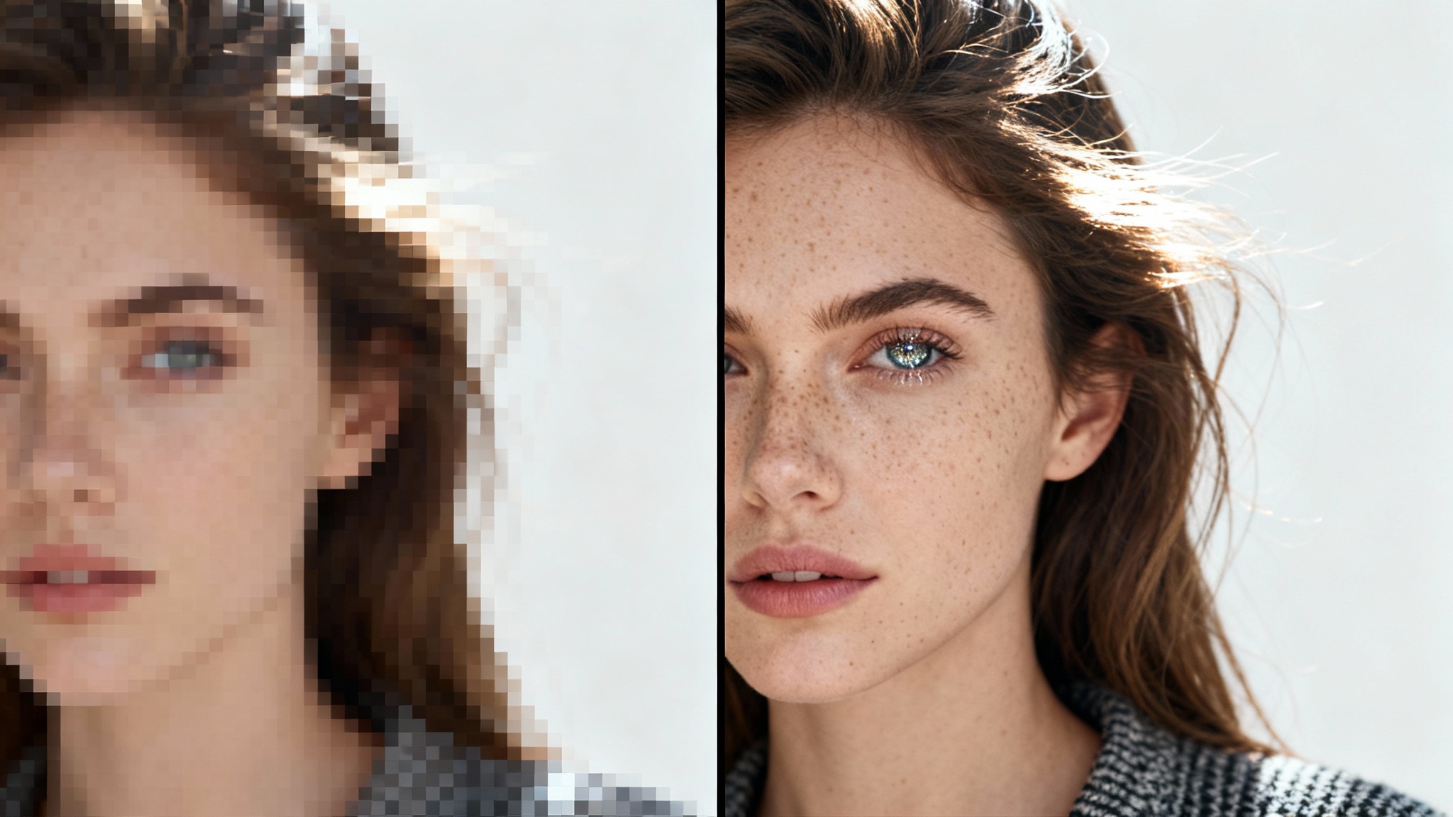 A split-screen portrait of a woman demonstrating a super-resolution effect. The left half is pixelated and blurry, while the right half is perfectly sharp and crystal clear, showing incredible detail in her skin and hair.