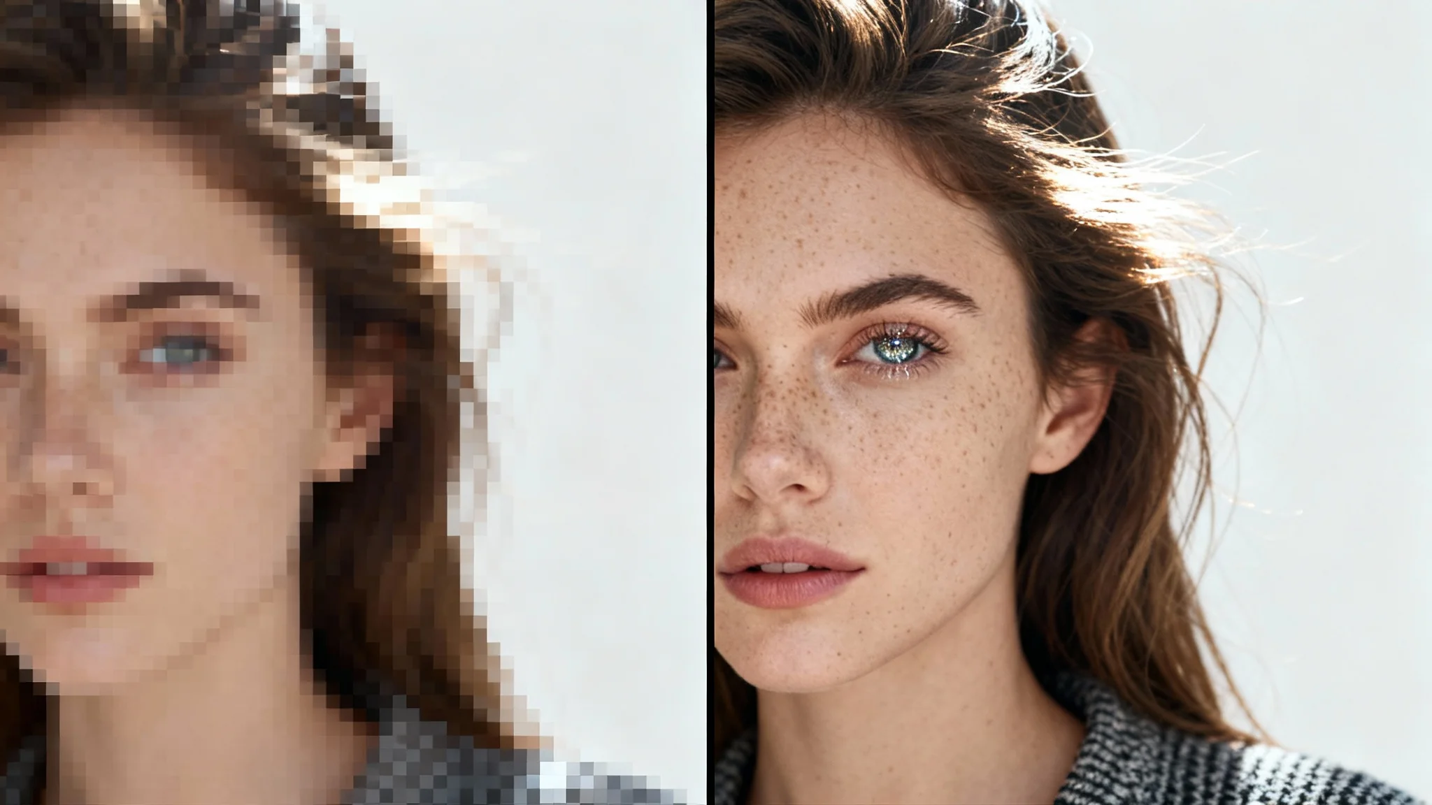 A split-screen portrait of a woman demonstrating a super-resolution effect. The left half is pixelated and blurry, while the right half is perfectly sharp and crystal clear, showing incredible detail in her skin and hair.