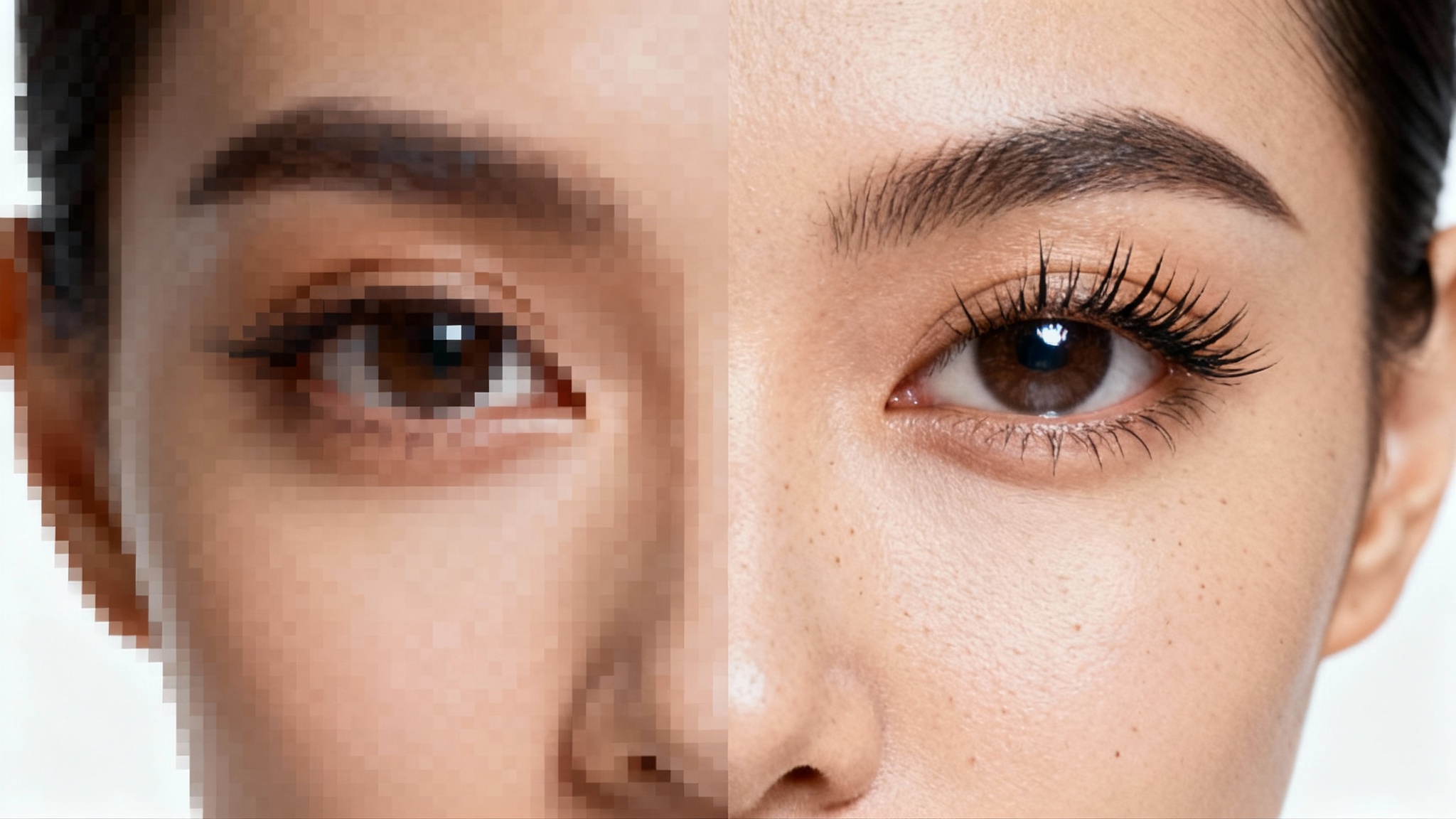 A split-image portrait demonstrating super resolution. The left side is blurry and pixelated, while the right side is incredibly sharp and detailed, showing the enhancement of the technology.