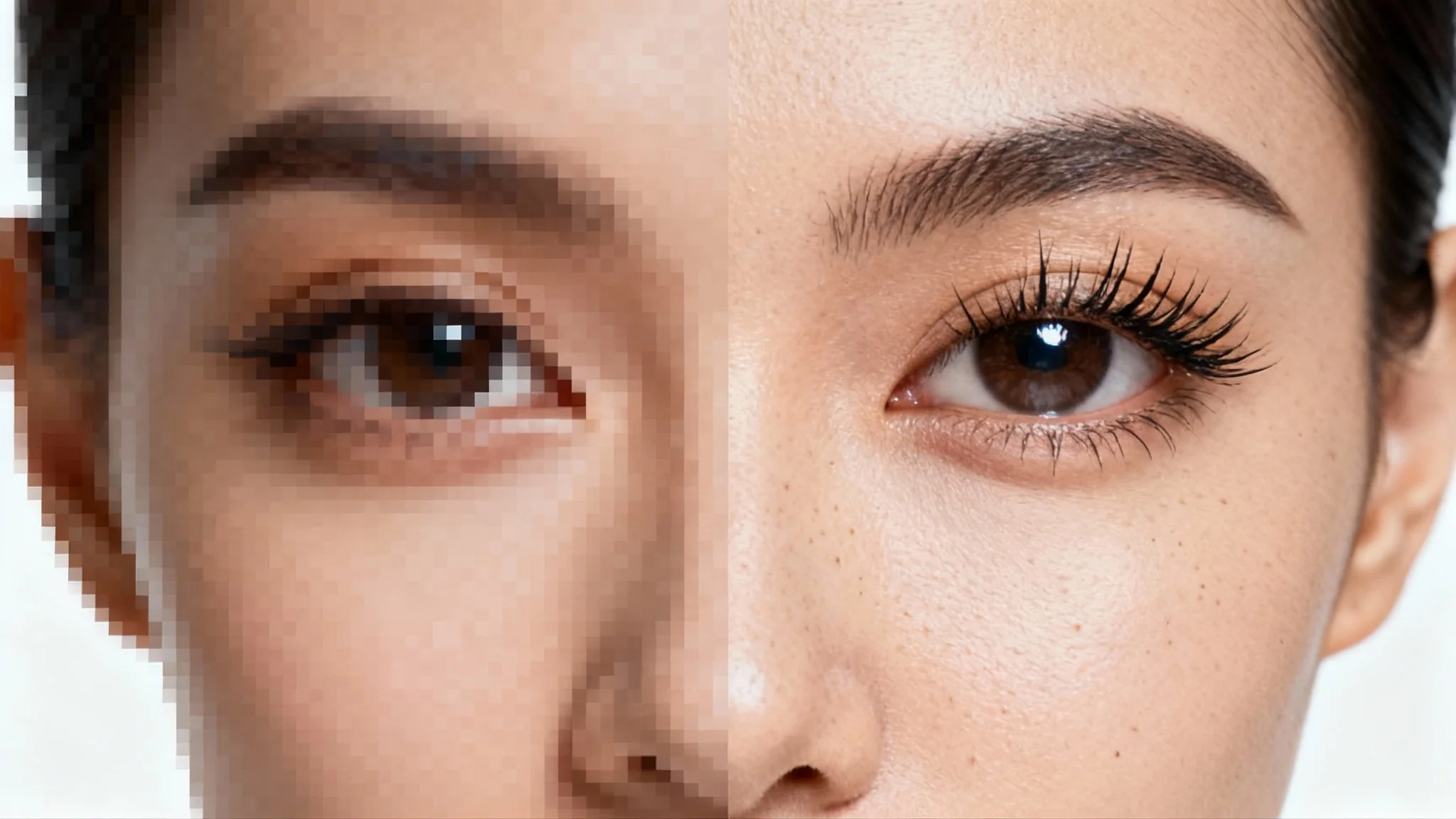 A split-image portrait demonstrating super resolution. The left side is blurry and pixelated, while the right side is incredibly sharp and detailed, showing the enhancement of the technology.