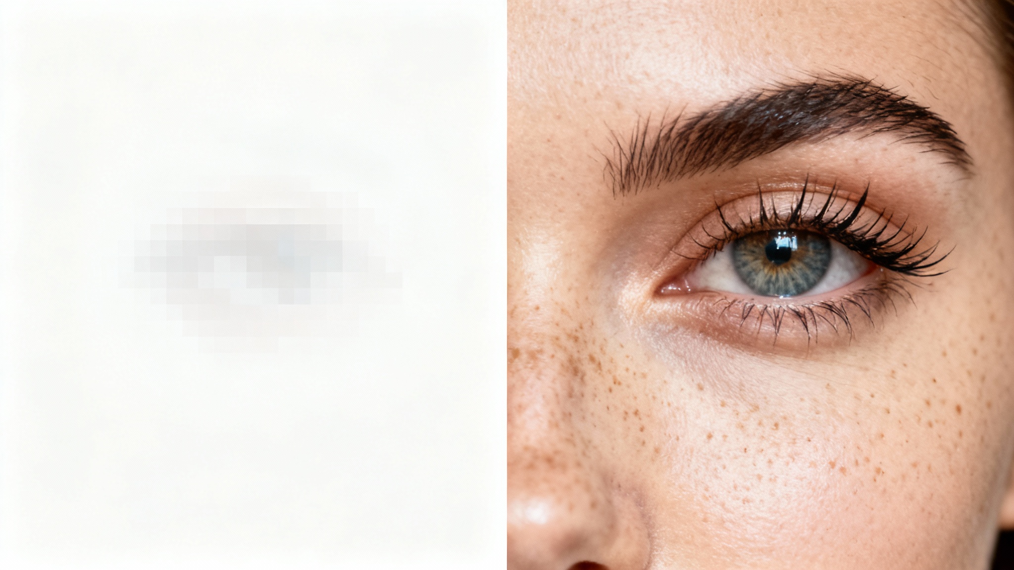 A close-up portrait of a woman's face demonstrating a super-resolution effect. The left half of her face is blurry and pixelated, while the right half is incredibly sharp and detailed, highlighting the difference in image quality.