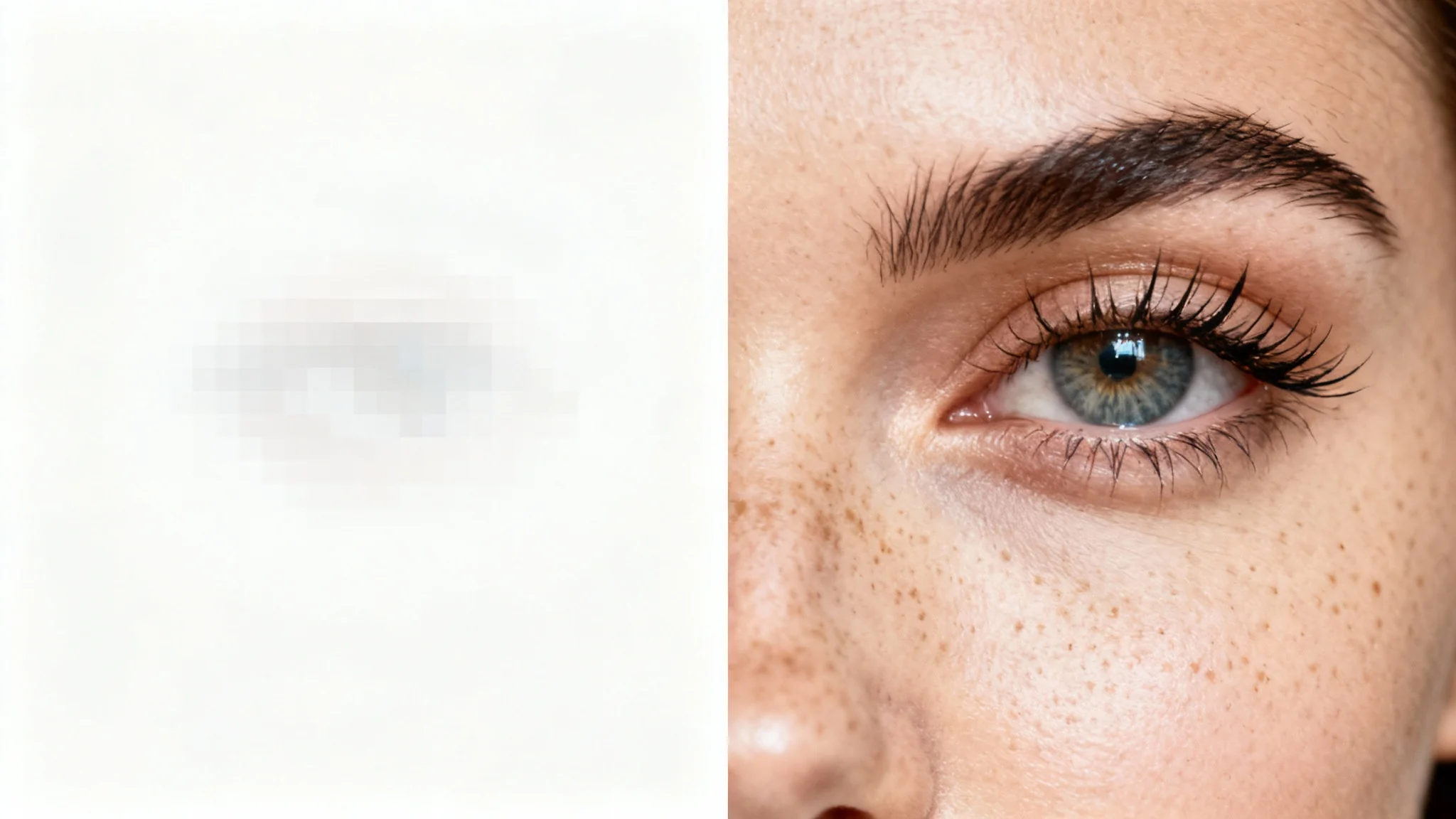 A close-up portrait of a woman's face demonstrating a super-resolution effect. The left half of her face is blurry and pixelated, while the right half is incredibly sharp and detailed, highlighting the difference in image quality.