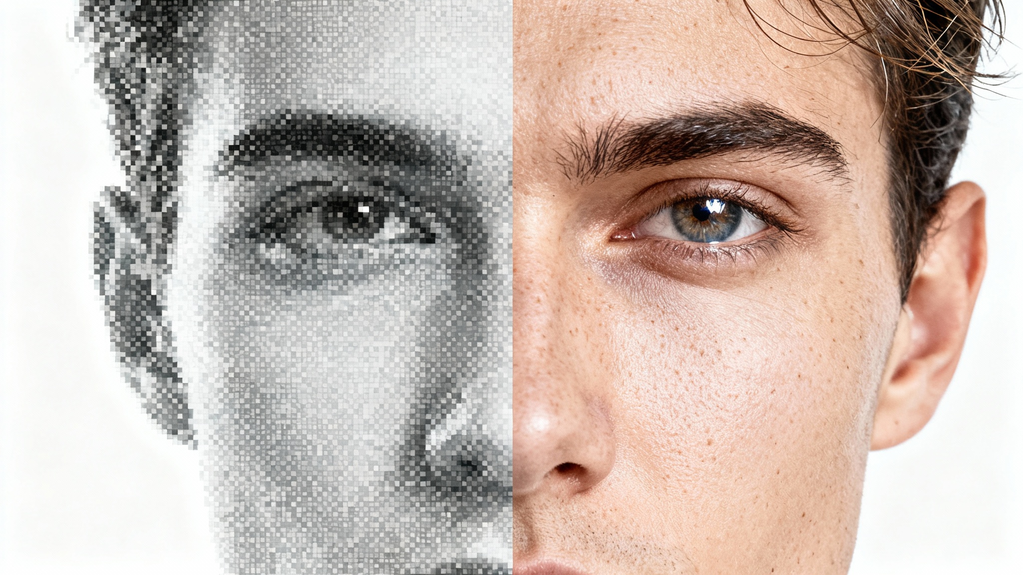 A close-up portrait demonstrating super resolution. The left side of the face is blurry and pixelated, while the right side is incredibly sharp and detailed, showing the before-and-after effect against a plain white background.