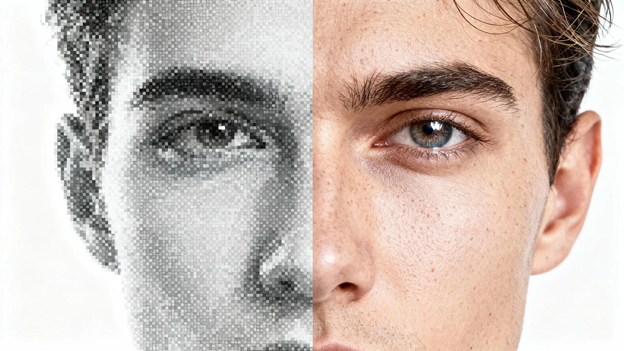 A close-up portrait demonstrating super resolution. The left side of the face is blurry and pixelated, while the right side is incredibly sharp and detailed, showing the before-and-after effect against a plain white background.