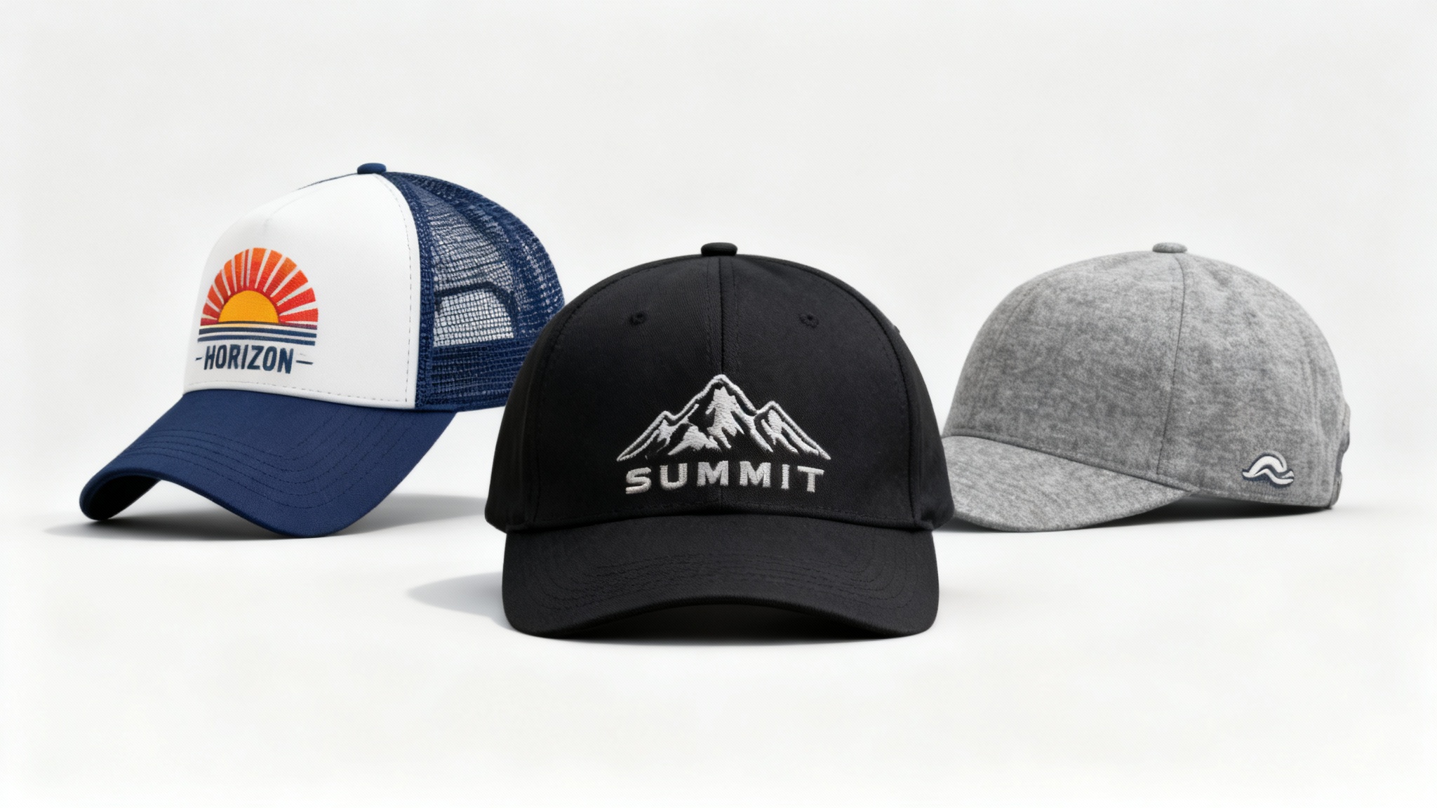 A professional hero image displaying three different photorealistic 3D cap mockups—a black embroidered cap, a navy blue trucker hat, and a gray dad hat—arranged on a minimal light gray background.