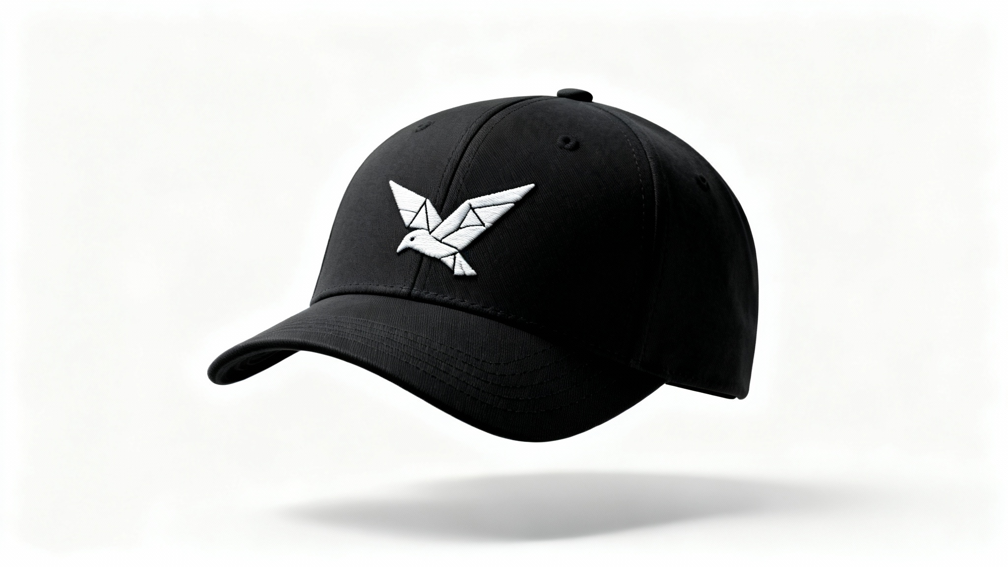 A photorealistic 3D mockup of a black baseball cap with a minimalist white embroidered logo of a bird, presented against a clean white background.