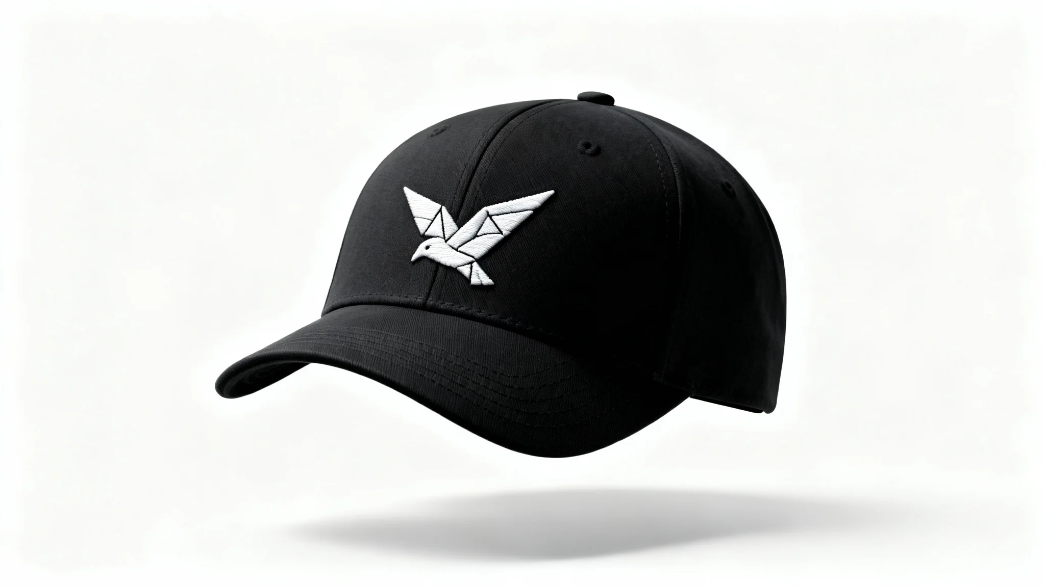 A photorealistic 3D mockup of a black baseball cap with a minimalist white embroidered logo of a bird, presented against a clean white background.