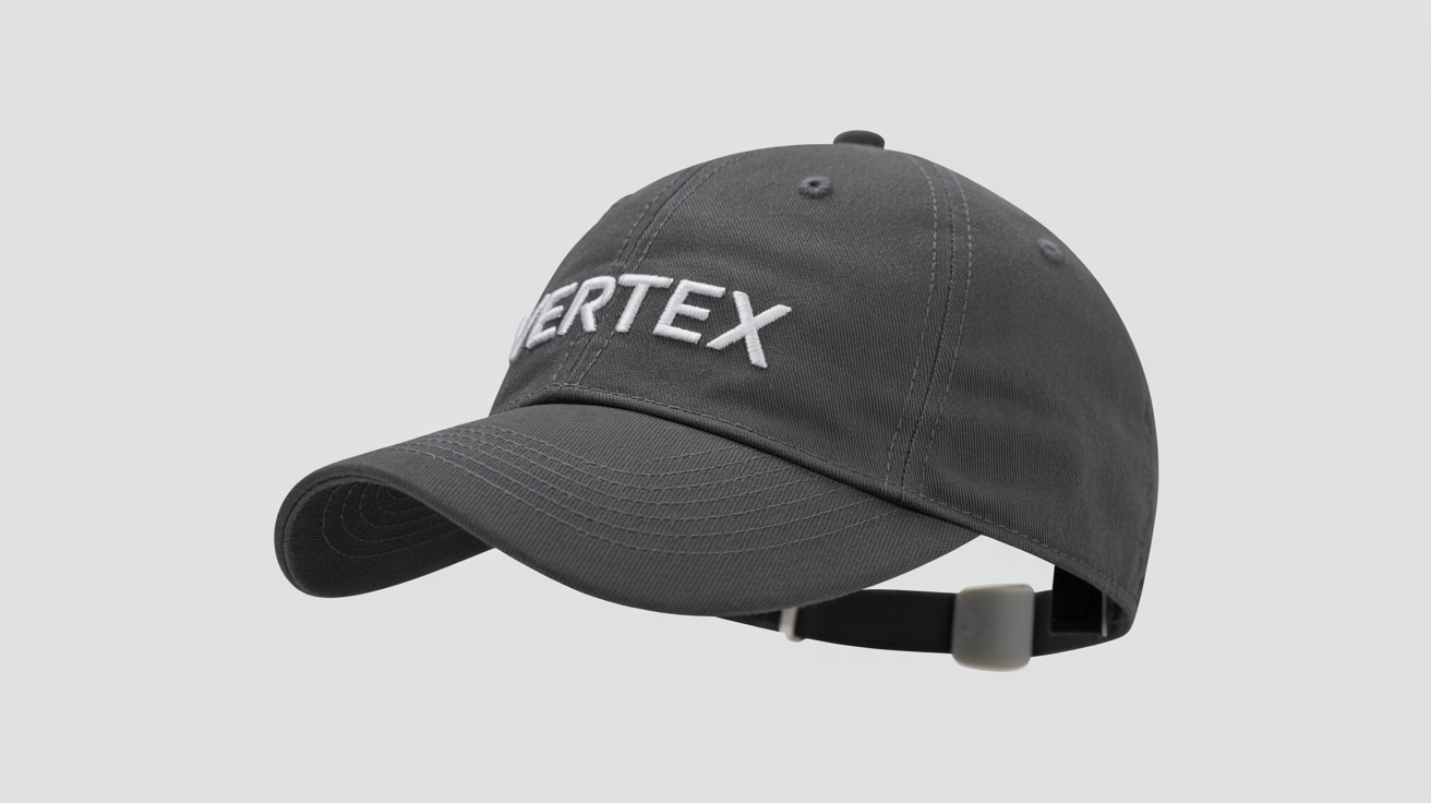 A realistic 3D mockup of a charcoal grey baseball cap with a white embroidered 'VERTEX' logo, shown from a three-quarter angle against a clean white background.