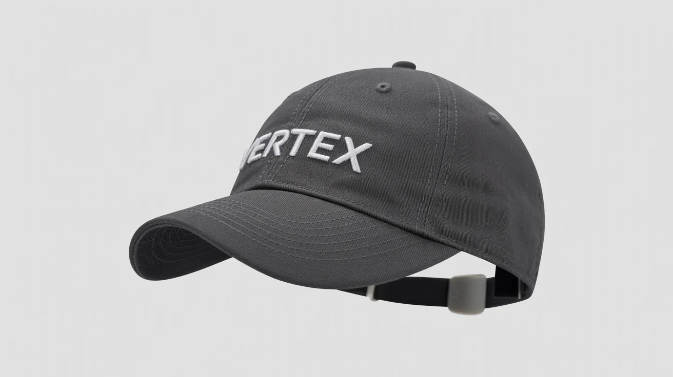A realistic 3D mockup of a charcoal grey baseball cap with a white embroidered 'VERTEX' logo, shown from a three-quarter angle against a clean white background.