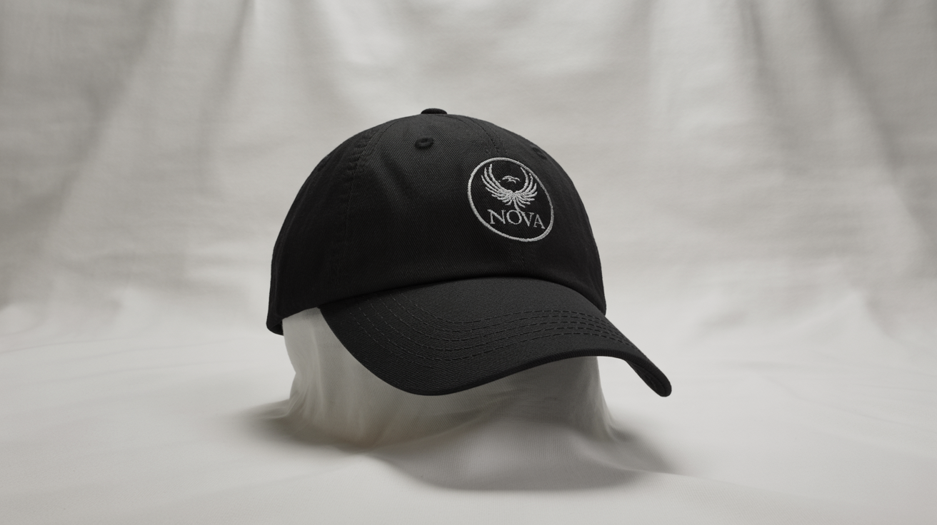A photorealistic 3D mockup of a black baseball cap with a silver and white embroidered phoenix logo and the word 'NOVA', viewed from a three-quarter angle against a plain white background.
