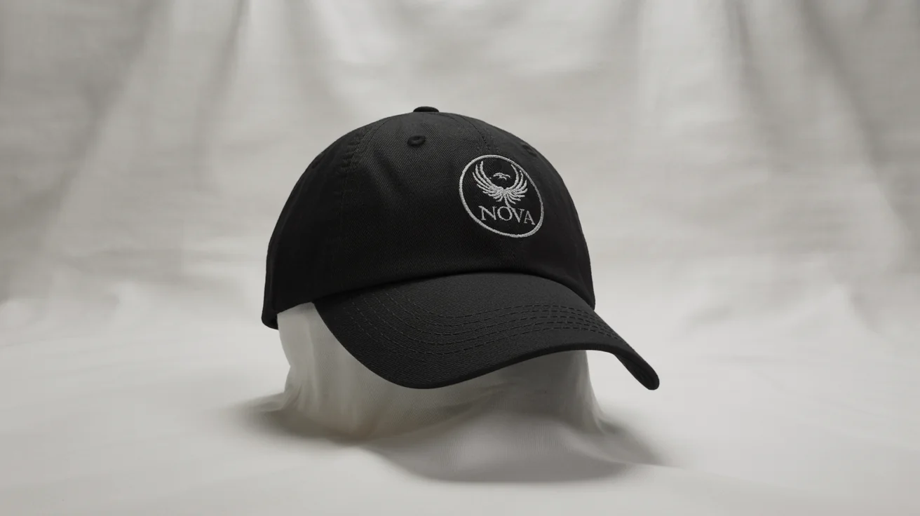 A photorealistic 3D mockup of a black baseball cap with a silver and white embroidered phoenix logo and the word 'NOVA', viewed from a three-quarter angle against a plain white background.