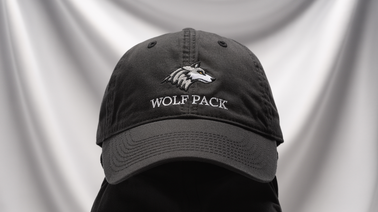 A photorealistic 3D mockup of a black baseball cap with a detailed embroidered logo of a wolf's head and the text 'WOLF PACK' on a clean white background.