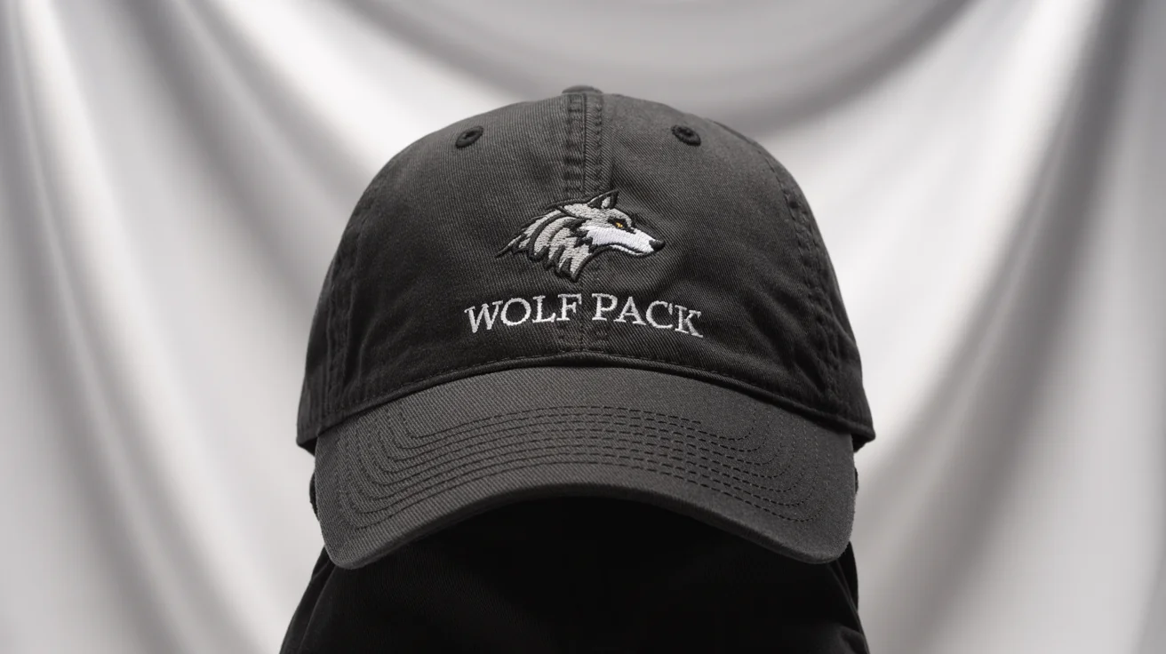 A photorealistic 3D mockup of a black baseball cap with a detailed embroidered logo of a wolf's head and the text 'WOLF PACK' on a clean white background.