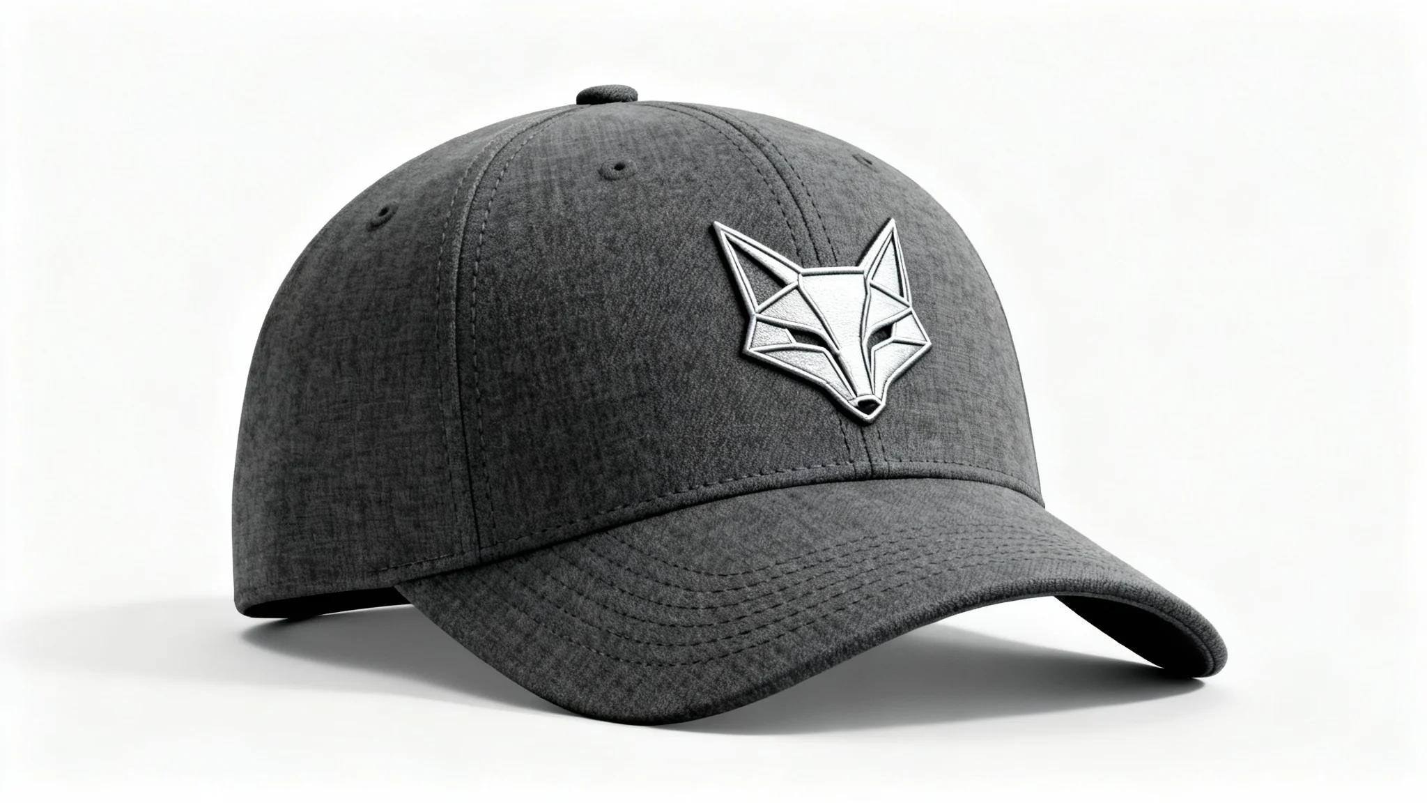 A photorealistic 3D mockup of a charcoal gray baseball cap with a silver geometric fox logo, displayed on a clean white background.