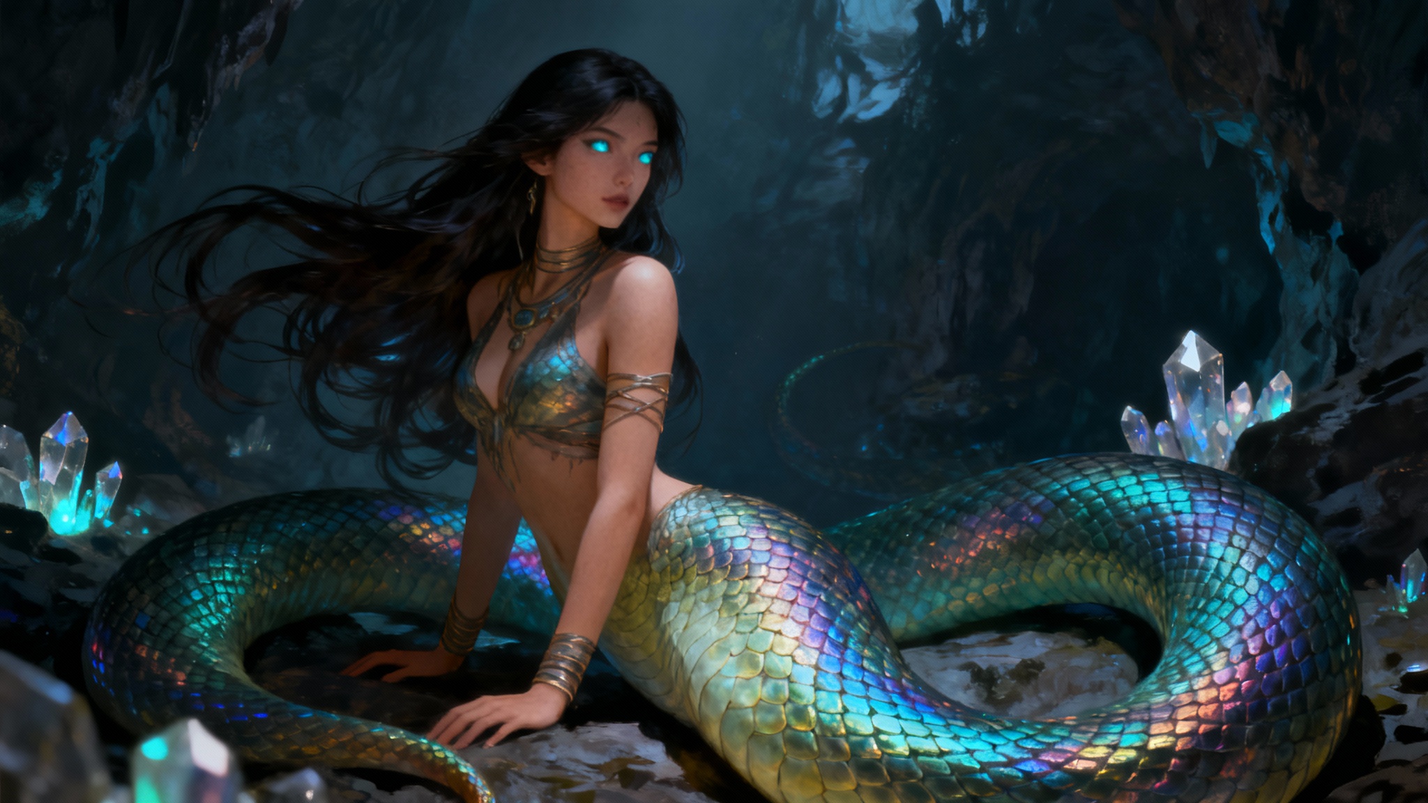 A stunning digital painting of a lamia monster girl in a 16:9 aspect ratio. The image shows her elegant human upper body and a long, coiling, iridescent snake tail, set against a dark, magical cavern background.