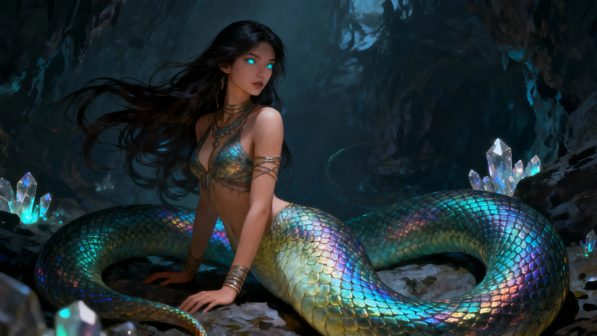 A stunning digital painting of a lamia monster girl in a 16:9 aspect ratio. The image shows her elegant human upper body and a long, coiling, iridescent snake tail, set against a dark, magical cavern background.