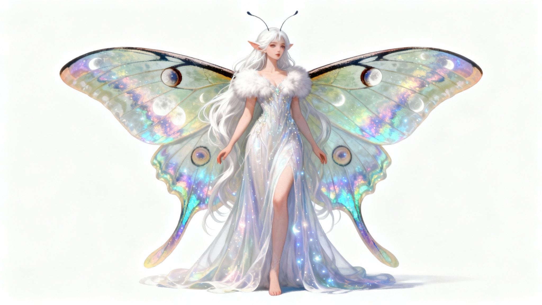 A full-body digital illustration of a beautiful monster girl with large, colorful moth wings and white hair, standing gracefully against a plain white background.