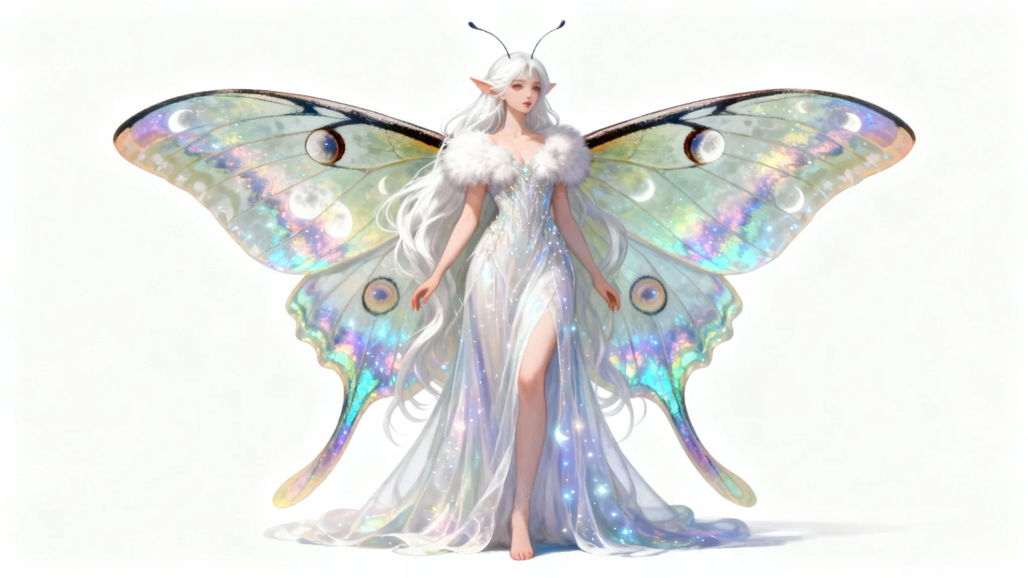 A full-body digital illustration of a beautiful monster girl with large, colorful moth wings and white hair, standing gracefully against a plain white background.